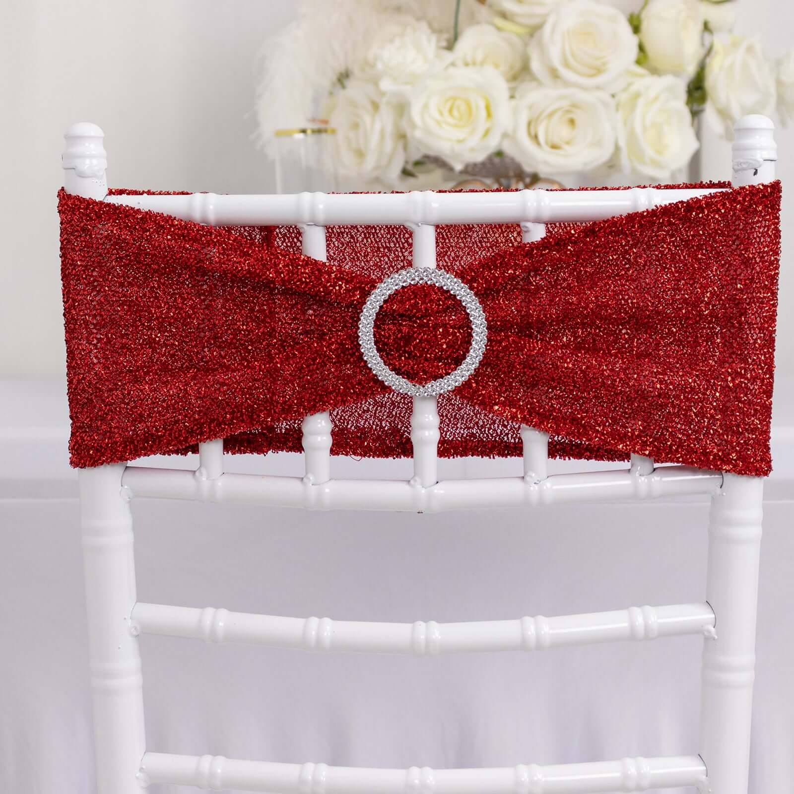 5 Pack Chair Sashes Shimmer Tinsel Spandex 5x12 with Silver Rhinestone Buckles Red - Stylish Chair Bands