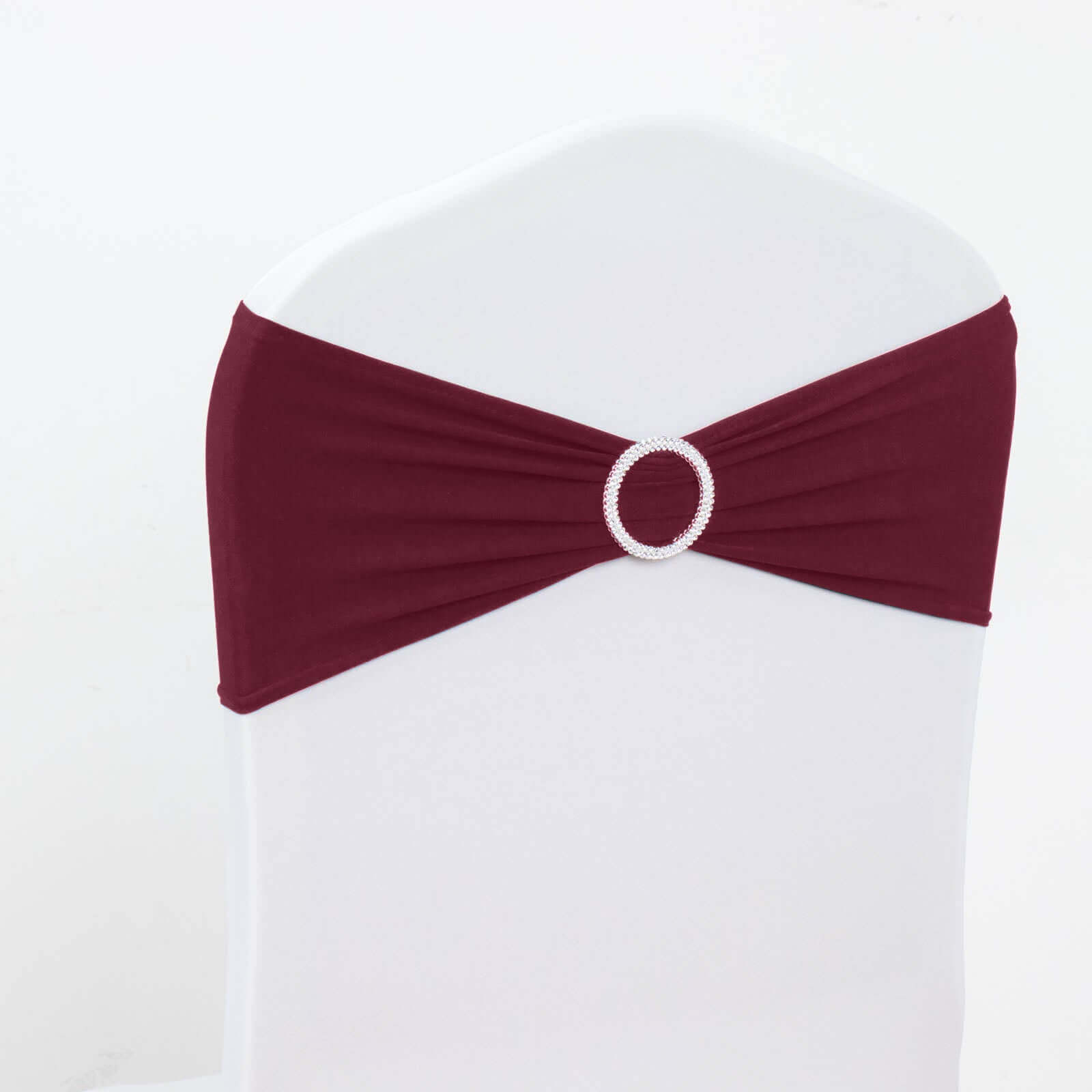 5 Pack Stretch Spandex Chair Sashes Burgundy - Reusable Chair Bands with Silver Diamond Ring Slide Buckle 5x14