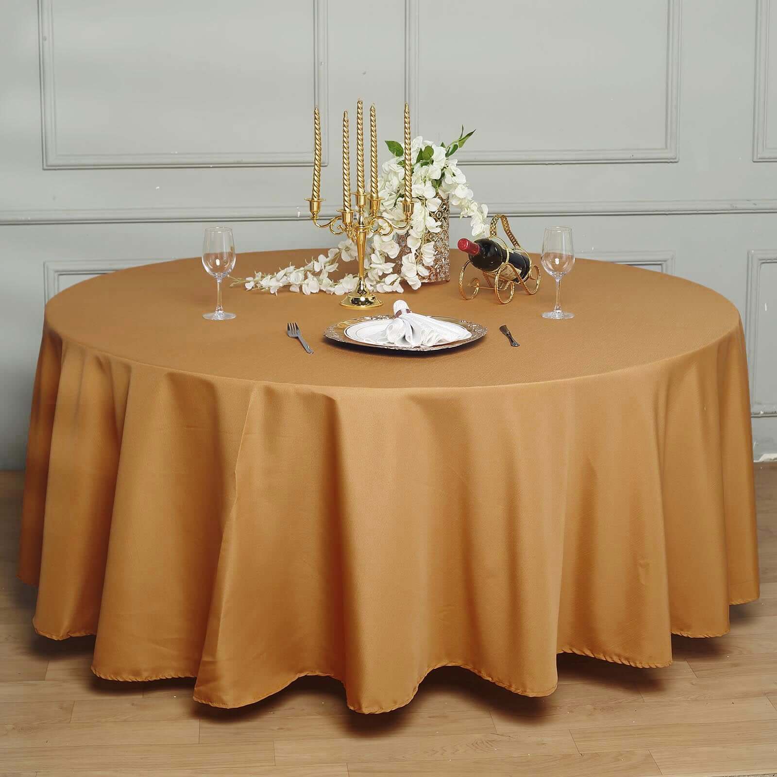 Polyester 120 Round Tablecloth Gold - Seamless Wrinkle-Resistant Design for Weddings