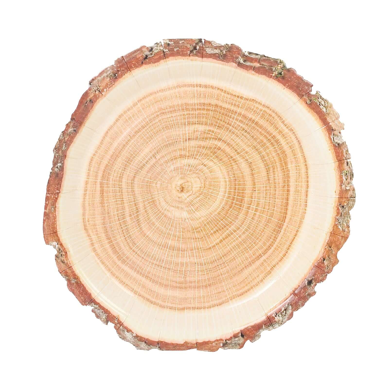 25-Pack Paper 10 Round Dinner Plates in Natural Wood Slice Print - Rustic & Nature-Inspired Disposable Party Plates