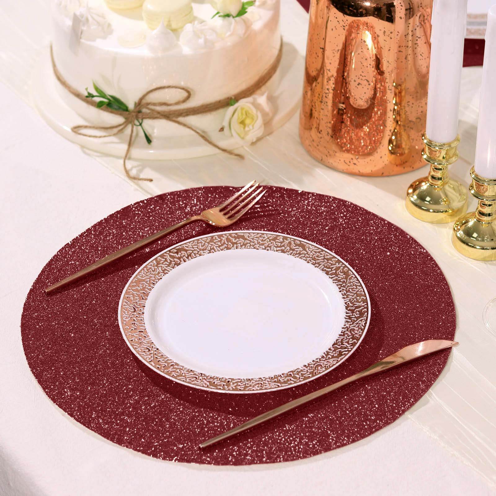 6-Pack Placemats Glitter Design Burgundy Sparkle Round - Non-Slip Decorative Dining Table Mats 13