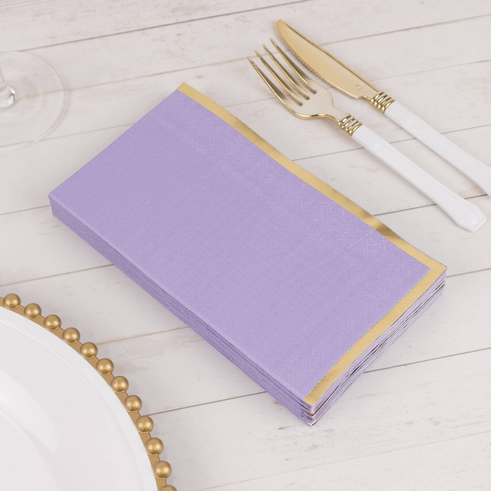 50-Pack Paper Dinner Napkins Lavender with Gold Foil Edge 2 Ply - Stylish Disposable Napkins