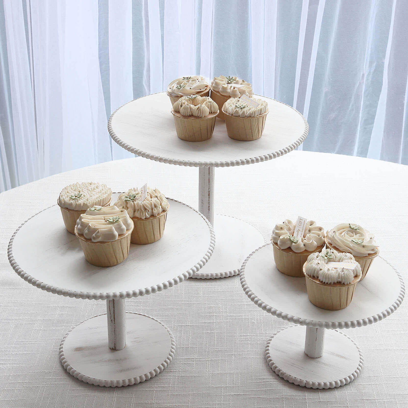 Set of 3 Wooden Pedestal Cake Stands Whitewash with Round Beaded Rim Trays - Stackable Rustic Cupcake Display 8, 10, 12