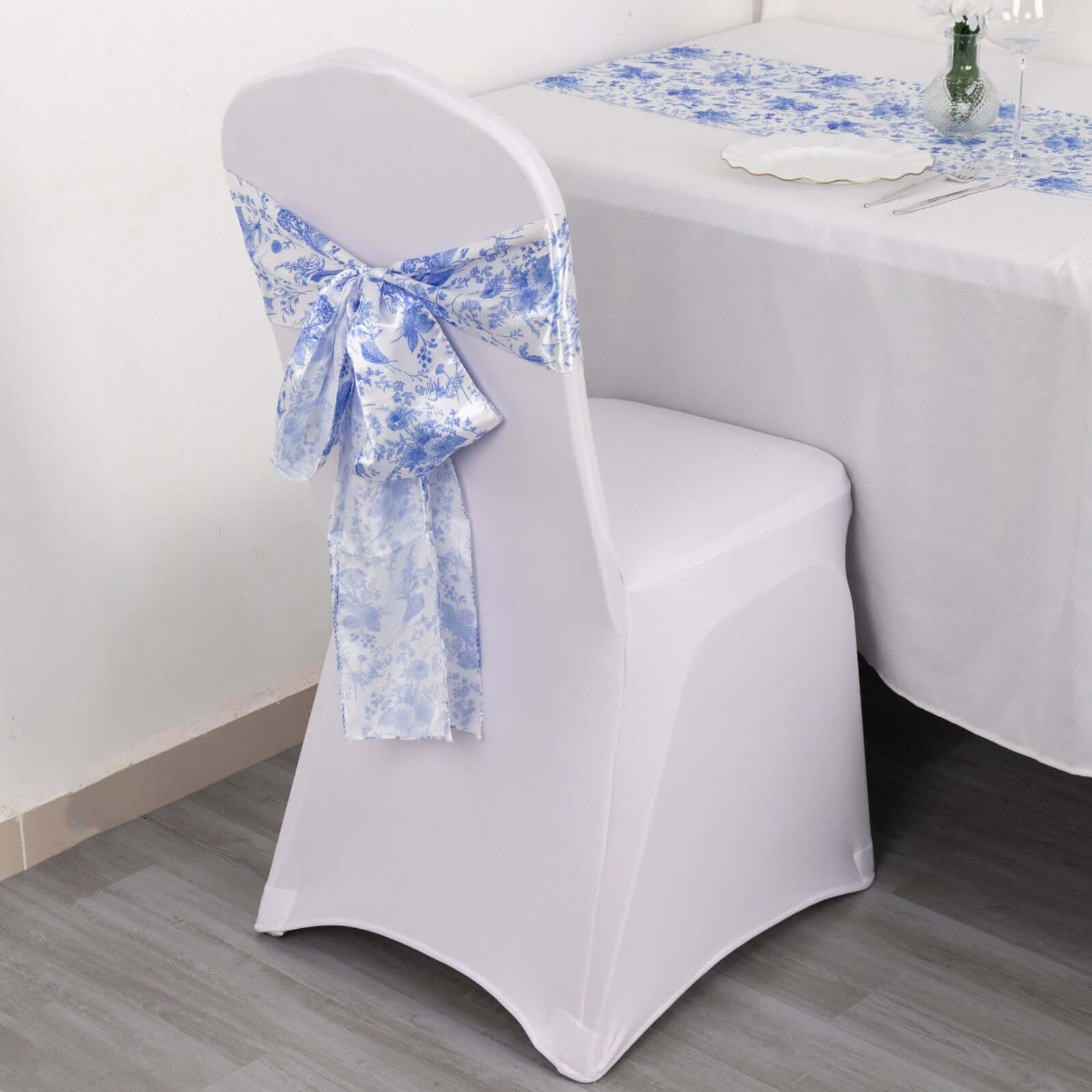 5 Pack Satin Chair Sashes White/Blue French Toile Floral Pattern - Wrinkle-Resistant & Reusable Chair Bows for Effortless Event Setup 6x108