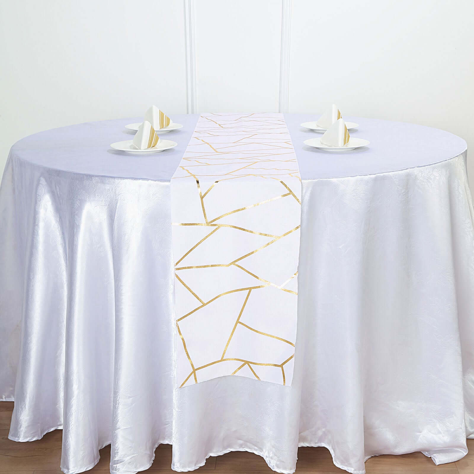 Polyester 9ft Table Runner White with Gold Foil Geometric Pattern - Modern & Stylish Table Decor