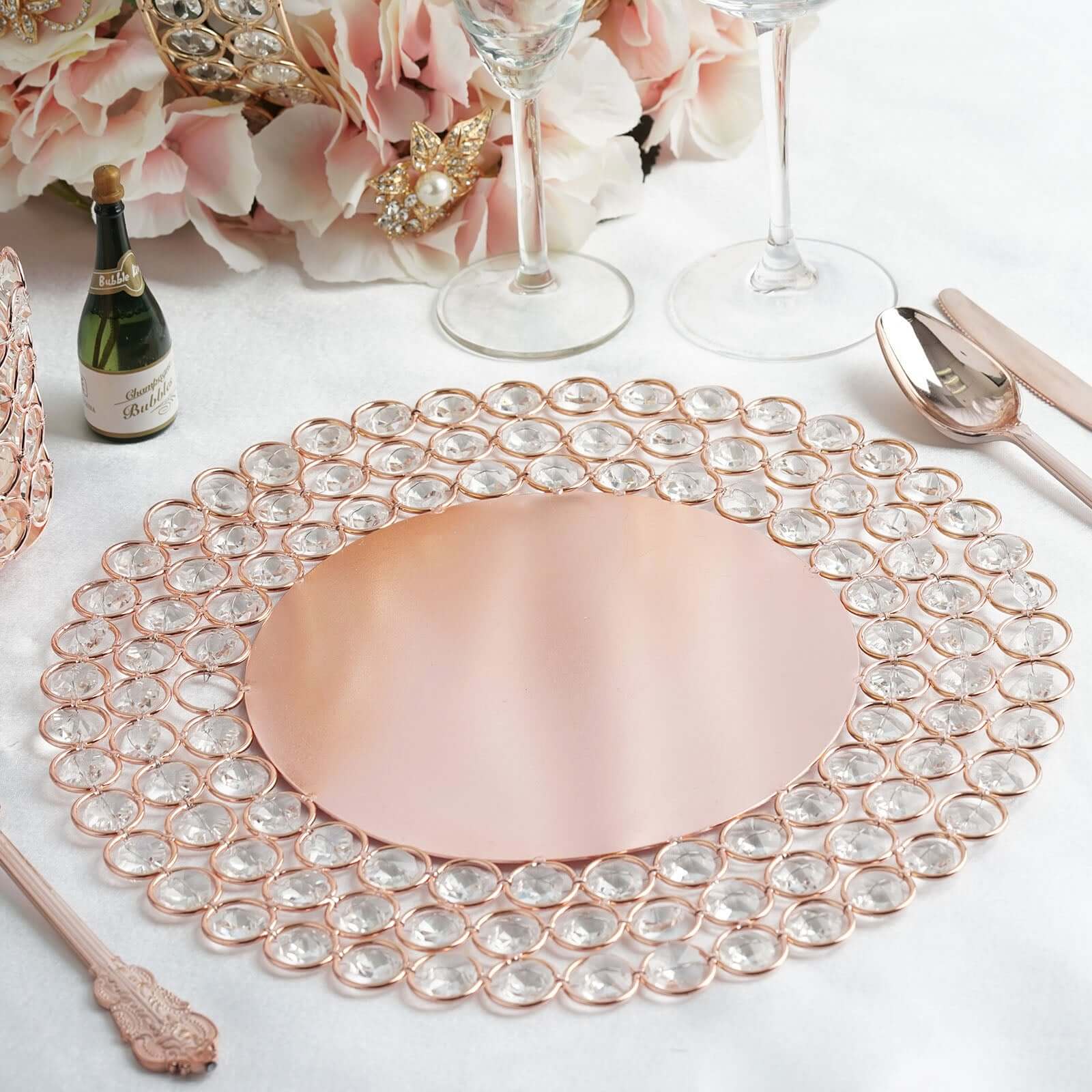 Wired Metal Round Charger Plate 14 in Rose Gold with Acrylic Crystal Beads, Glamorous Decorative Dinner Charger Tableware