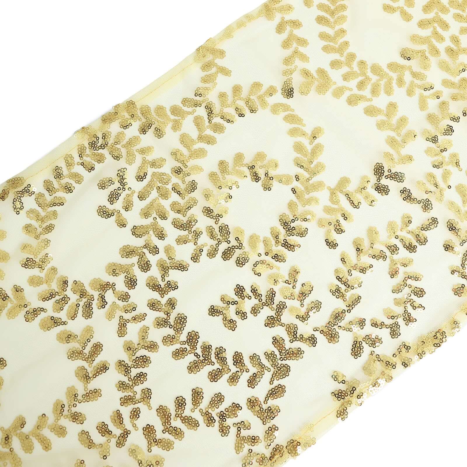 Mesh 12x108 Table Runner Gold - Leaf Vine Sequin Embroidered Design for Sophisticated Occasion