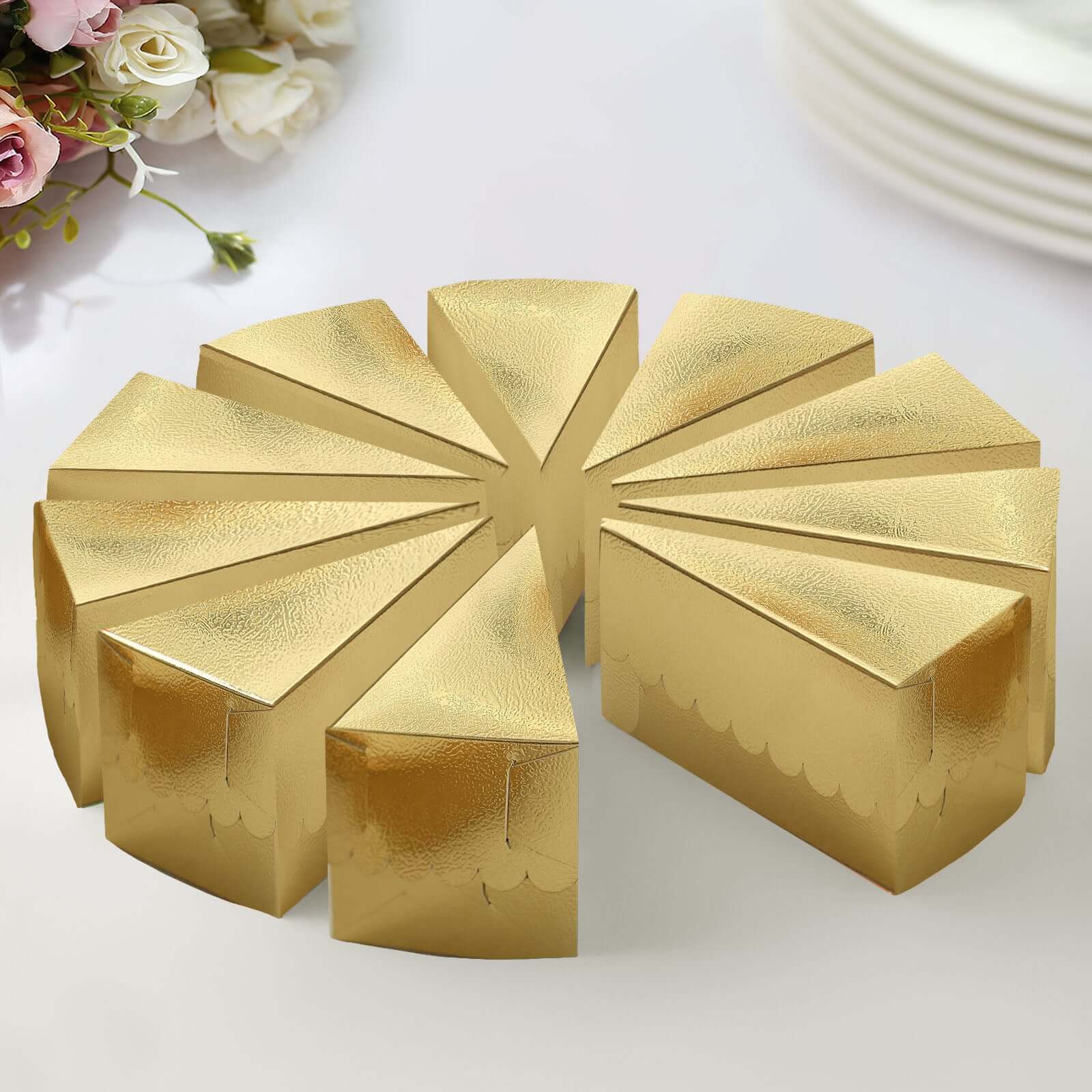 10-Pack Cardstock Triangle Cake Slice Boxes Metallic Gold with Scalloped Top - Decorative Takeaway Dessert Containers for Pie Snacks & Party Favors 5x3