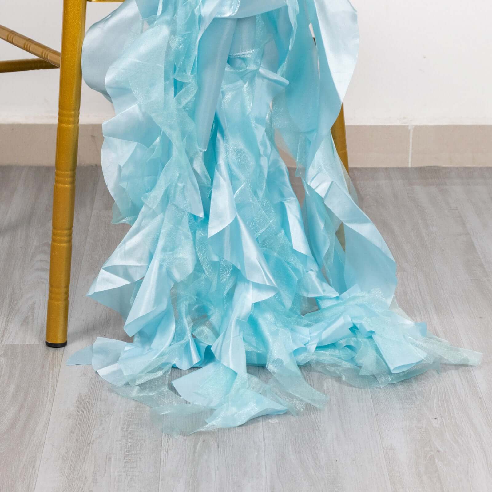 5 Pack Chiffon Satin Chair Sashes Light Blue - Easy to Install Ruffled Curly Willow