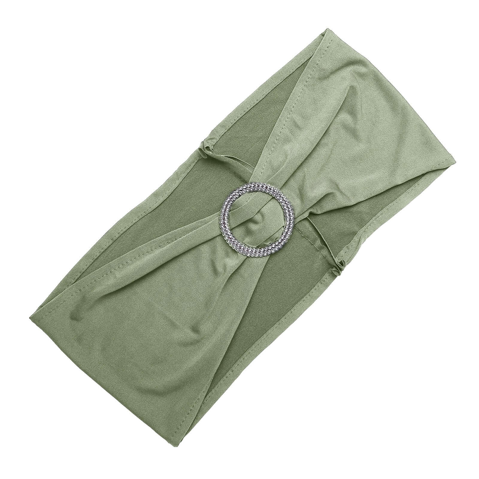 5 Pack Stretch Spandex Chair Sashes Dusty Sage Green - Reusable Chair Bands with Silver Diamond Ring Slide Buckle 5x14