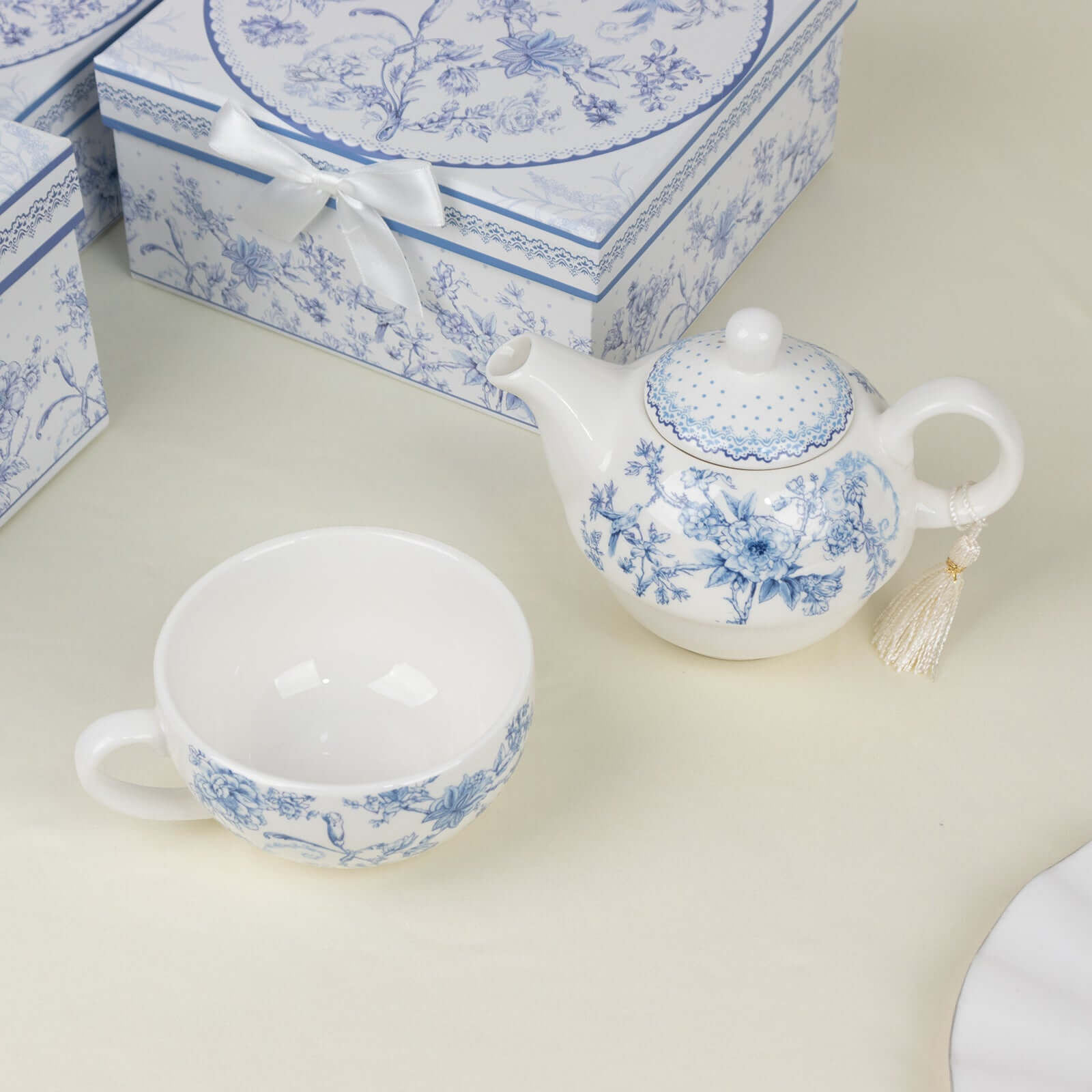 White Blue French Toile Bridal Shower Gift Set, Porcelain Teapot and Cup Set with Matching Keepsake Gift Box