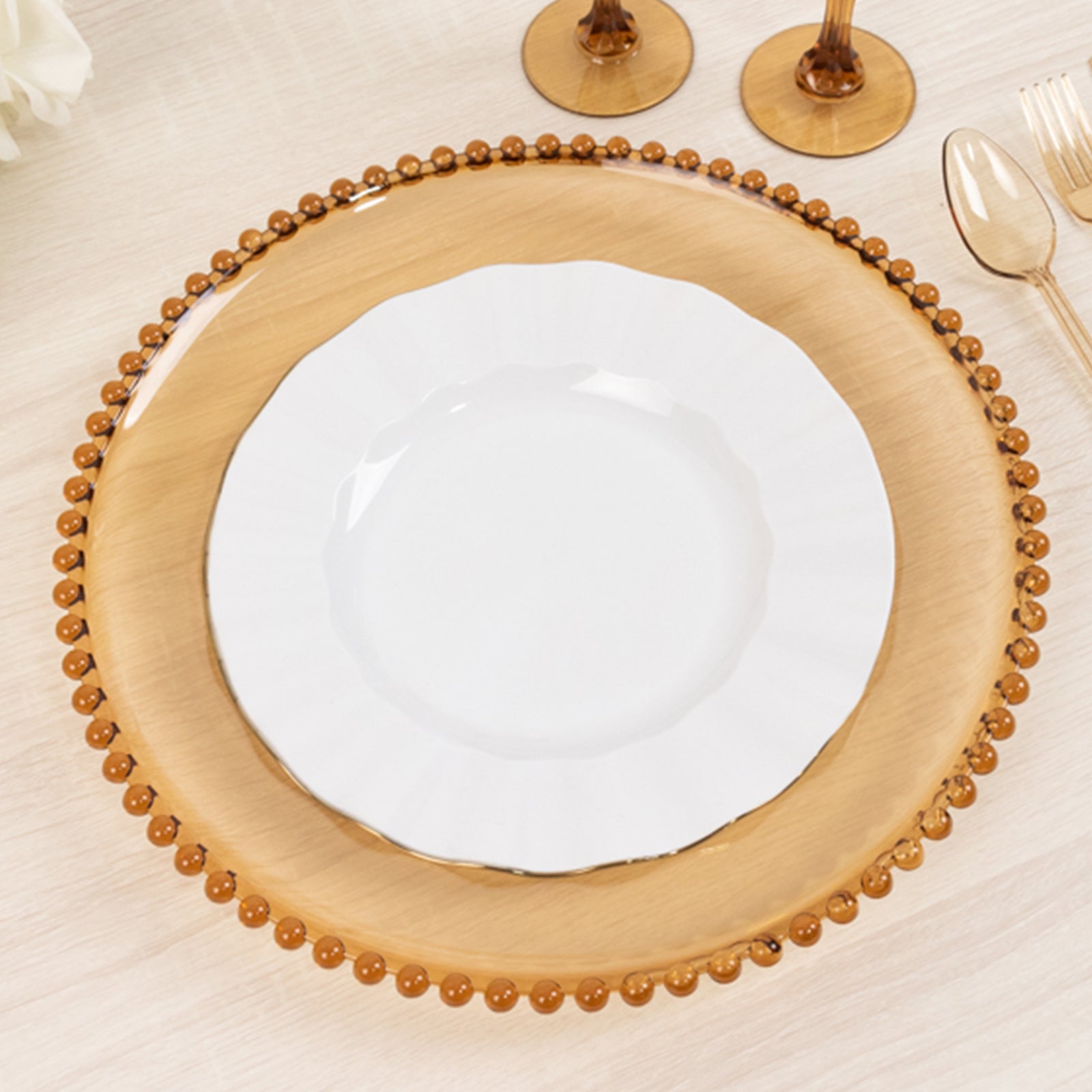 6-Pack Acrylic Round Charger Plates 13 in Amber Gold with Beaded Rim, Decorative Dinner Party Charger Tableware