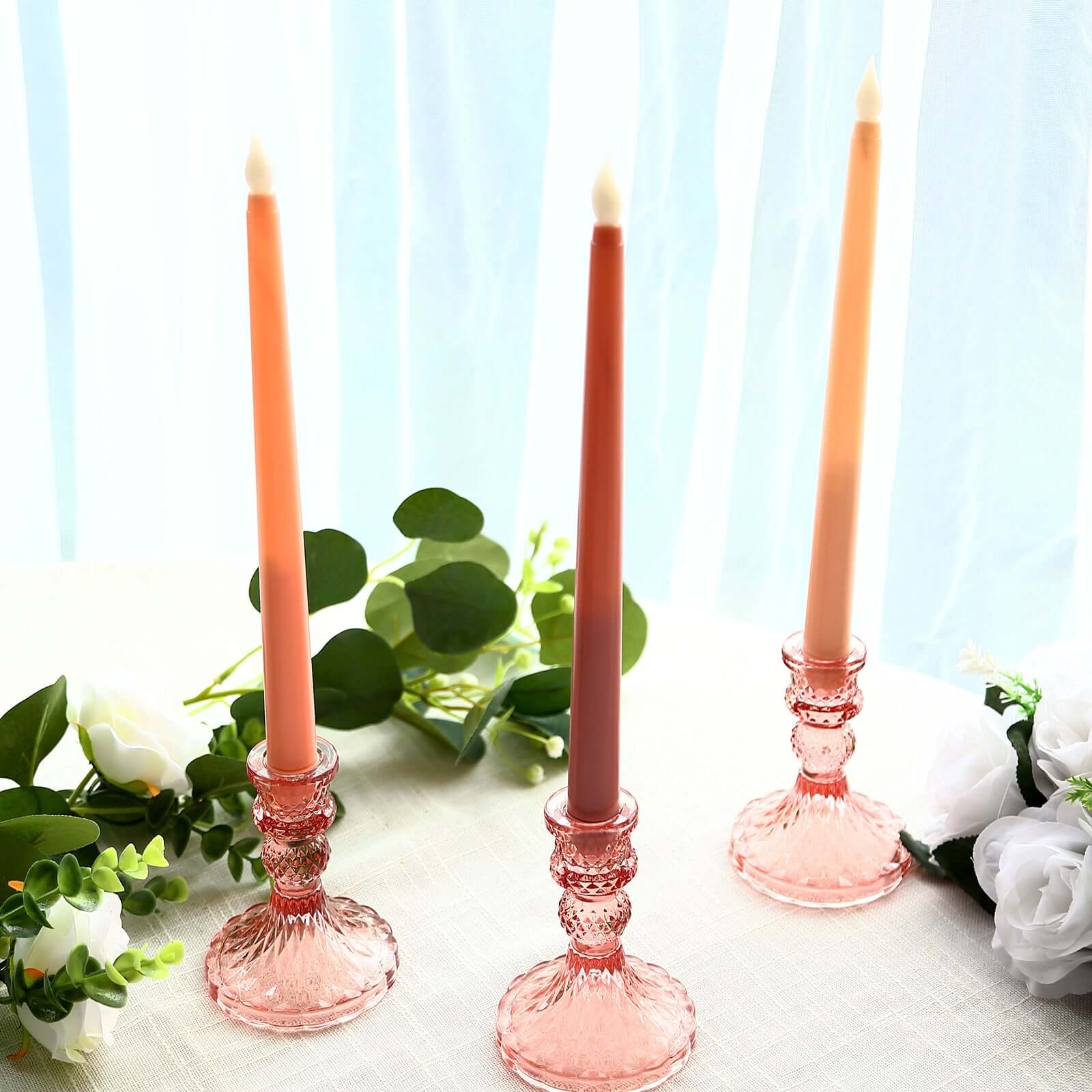 6-Pack Glass Taper Candlestick Holders Diamond Pattern Design Dusty Rose - Reversible Crystal Pillar Votive Stands 4