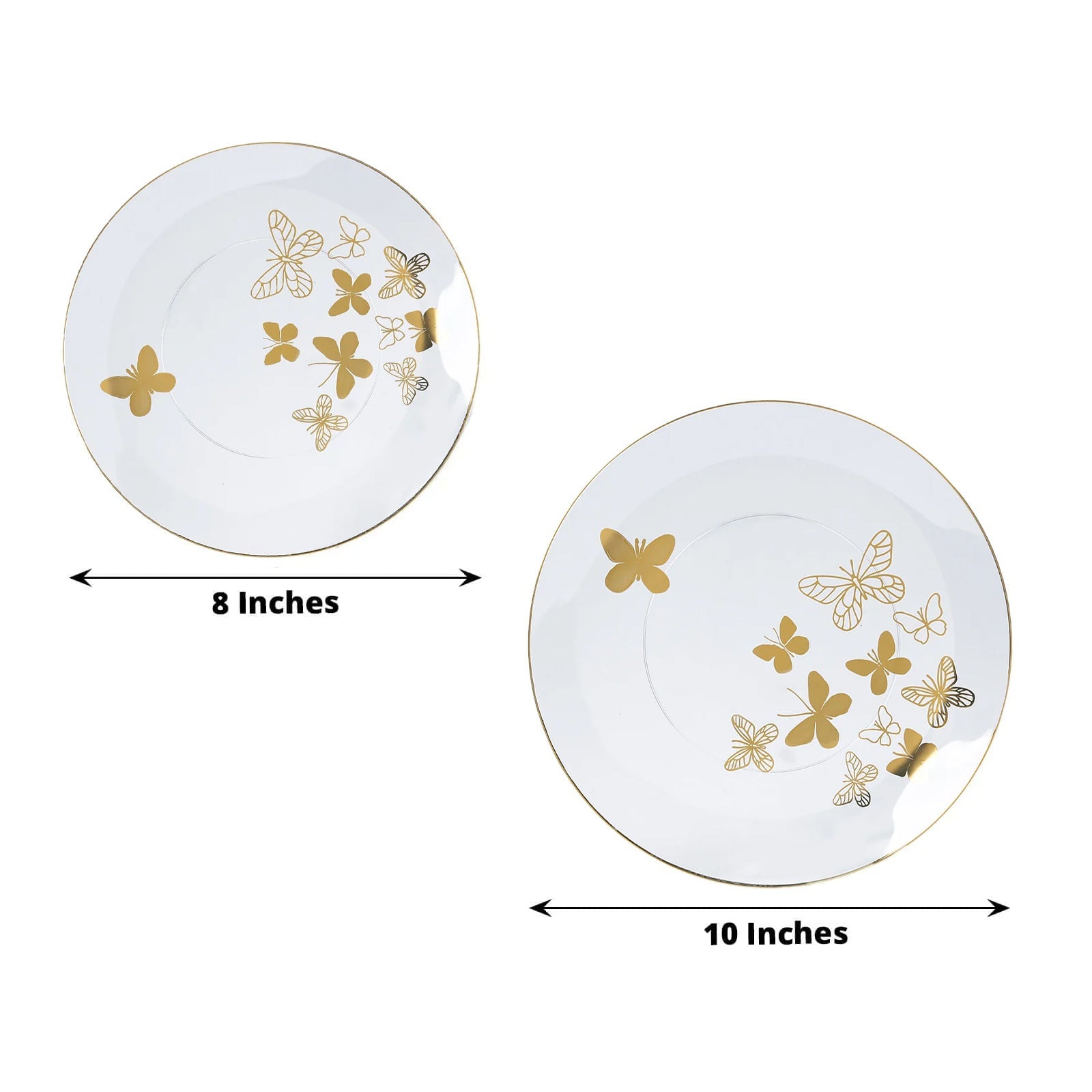 Set of 20 Plastic Round Dinner and Salad Plates in Clear with Gold Butterfly Design & Gold Rim - Stylish Disposable Dinnerware 8, 10