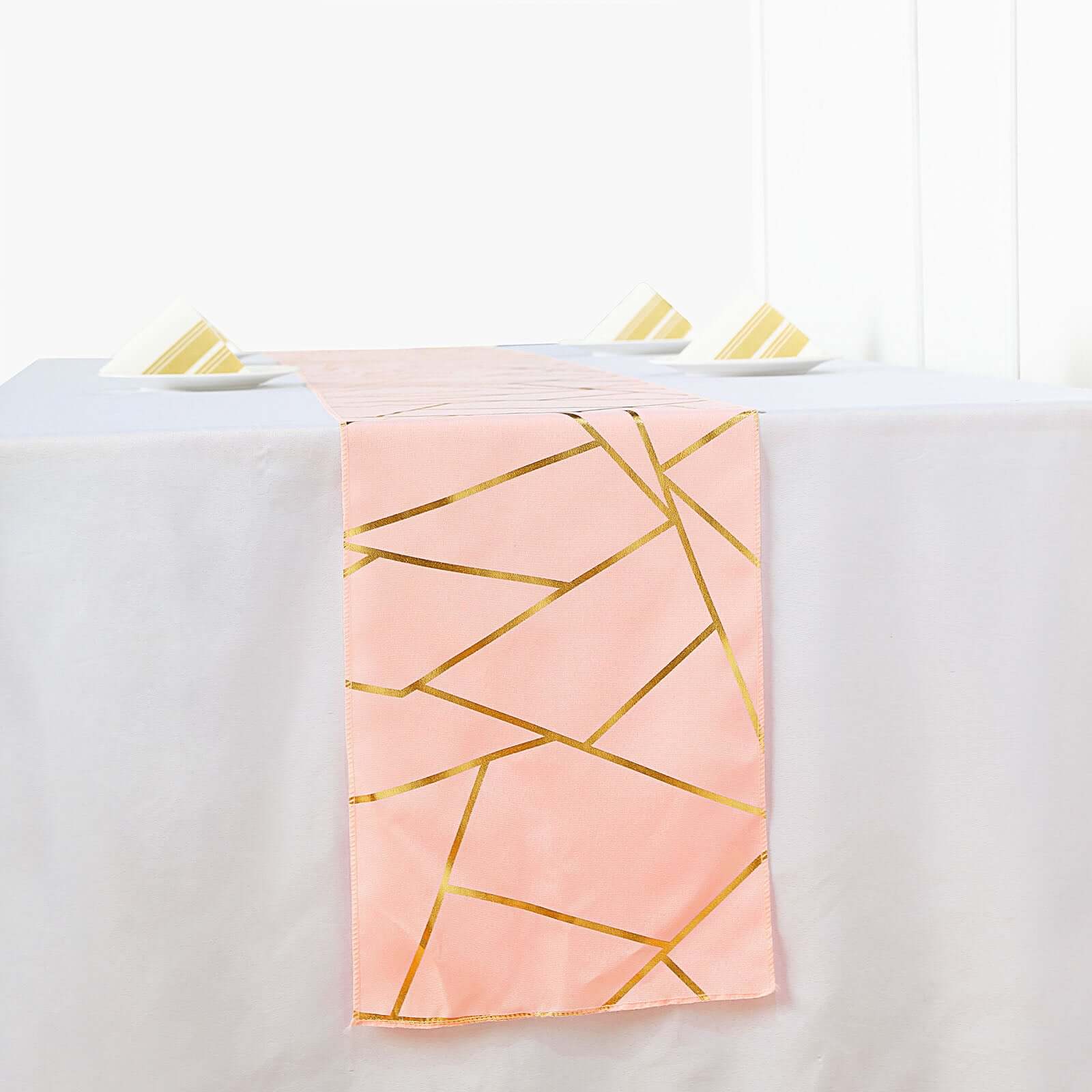 Polyester 9ft Table Runner Blush with Gold Foil Modern Geometric Accent