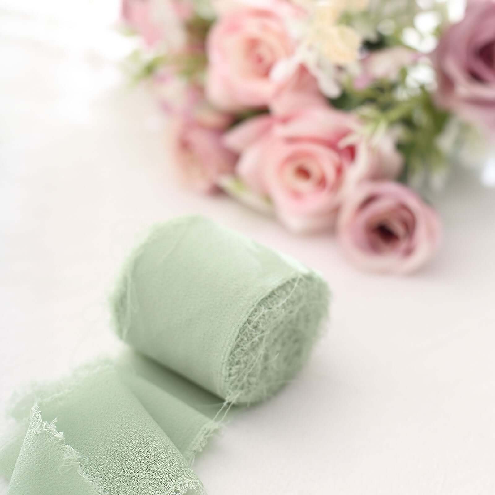 2 Pack 6yds Sage Green Silk-Like Chiffon Ribbon Roll, DIY Wedding Bouquet Linen Wrap