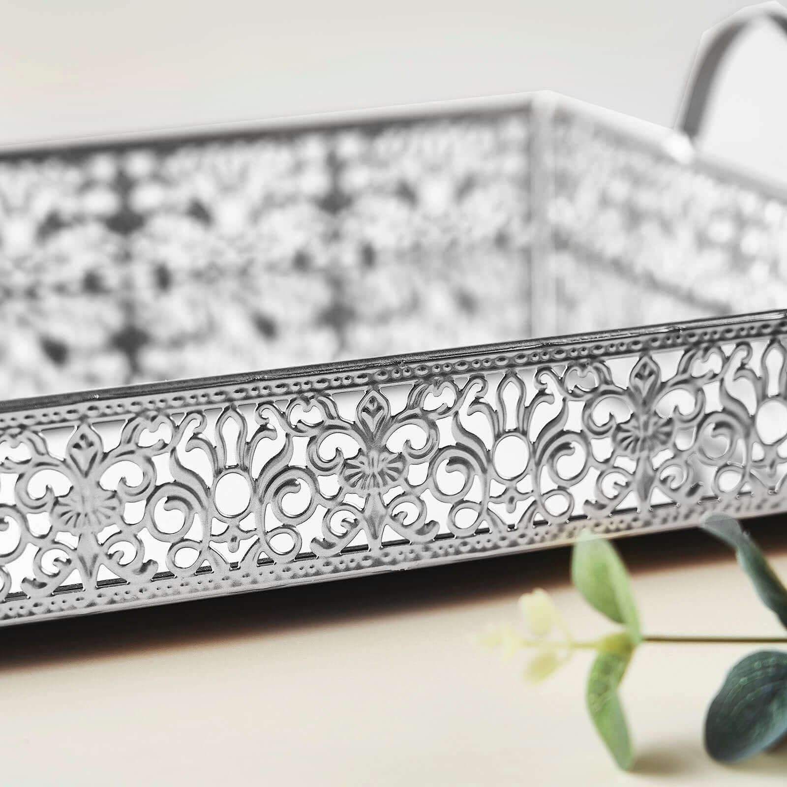 Metal Mirrored Rectangle Serving Tray 16x12 in Silver Fleur De Lis Design with Handles, French Inspired Decorative Vanity Tray Centerpiece