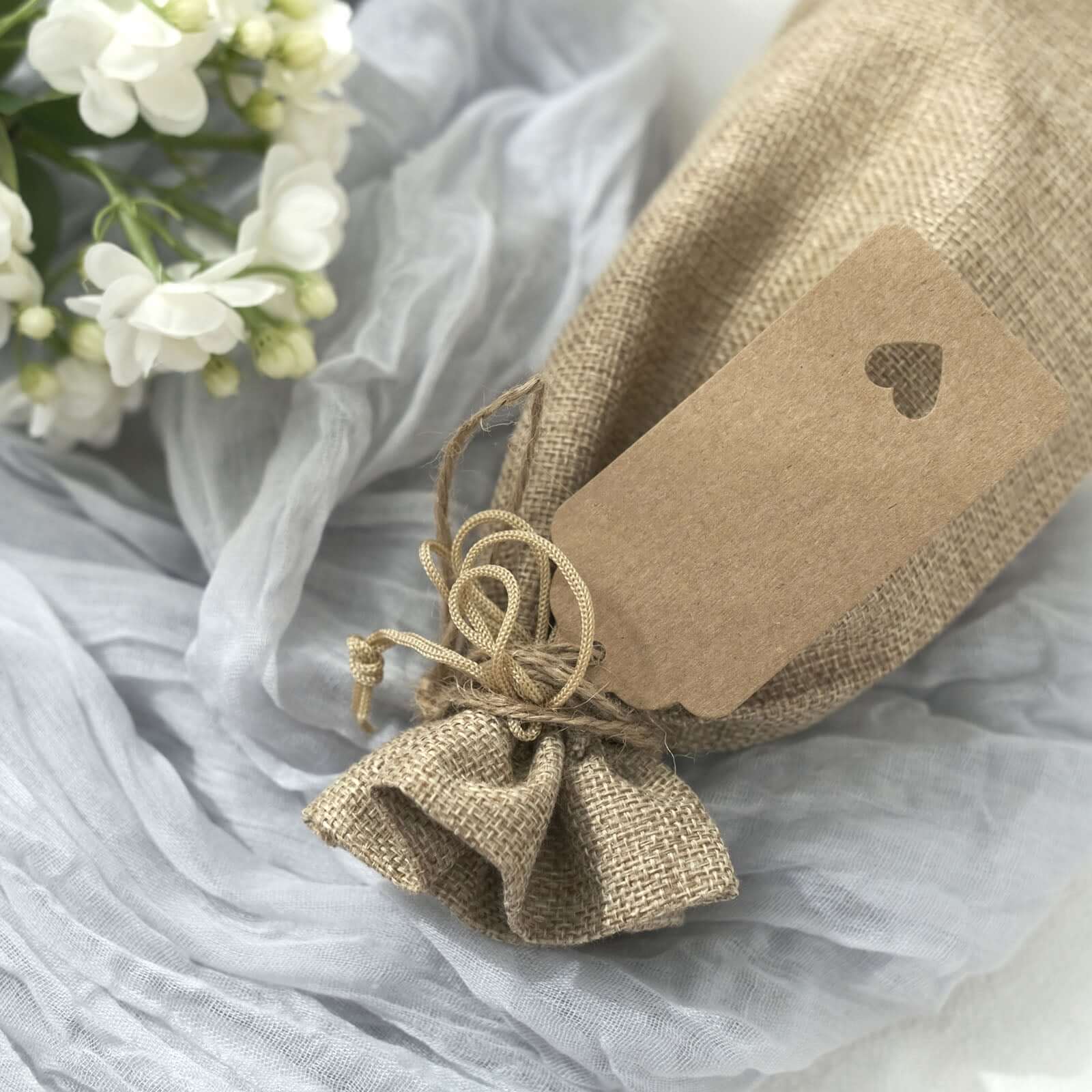 10 Pack Natural Faux Burlap 6x14 Reusable Wine Gift Favor Bags Party, Wedding Wine Bottle Covers With Drawstring, Tags and Jute Rope