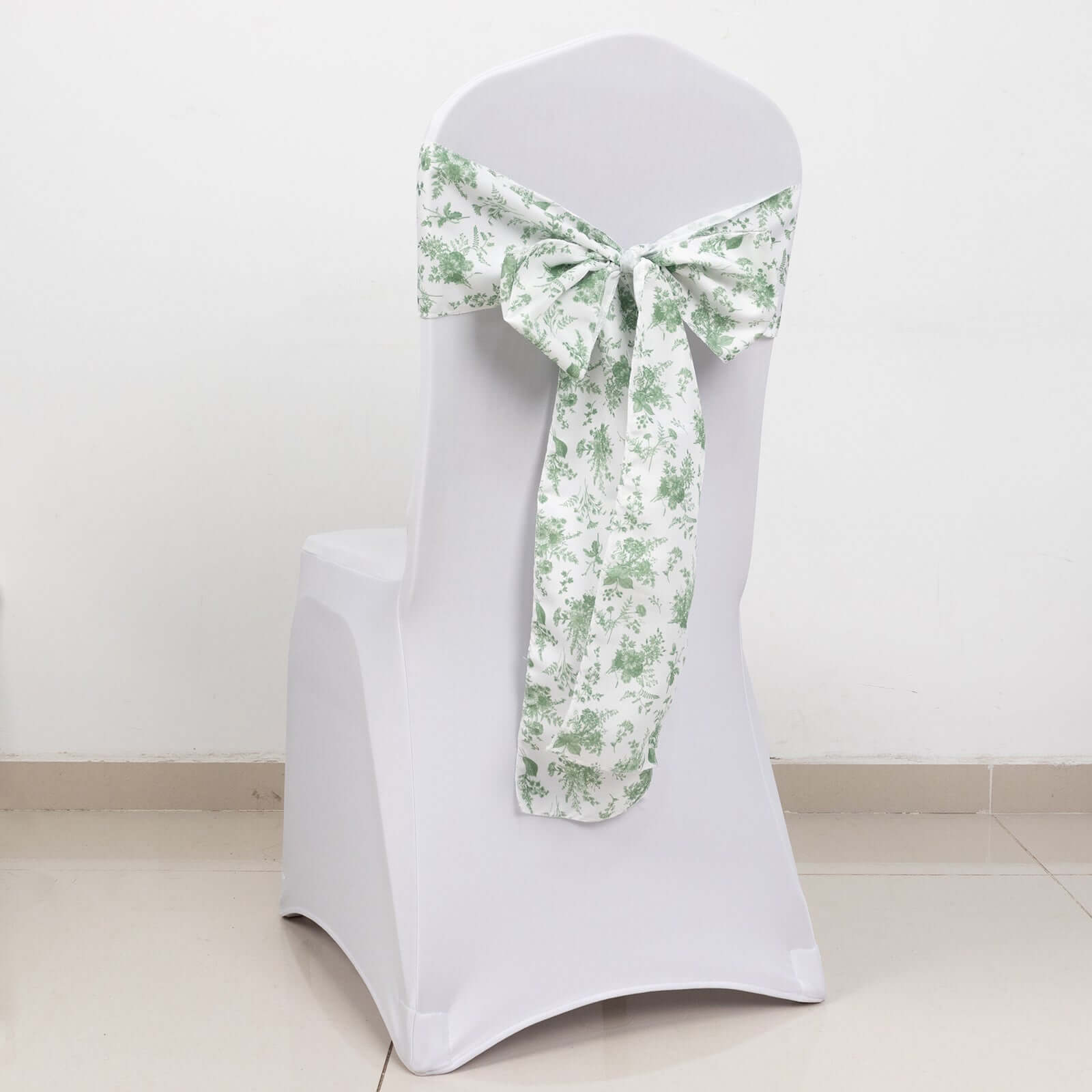 5 Pack Polyester Chair Sashes Dusty Sage Green French Toile Floral Design - Stylish Durable and Reusable Chair Bows 6x108