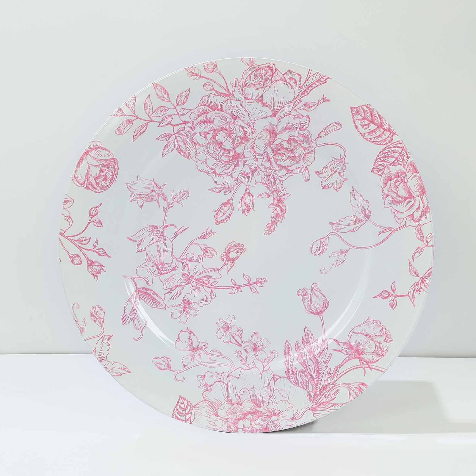 6-Pack Acrylic Round Charger Plates 13 in White with Pink Floral French Toile Pattern, Decorative Dinner Party Charger Tableware