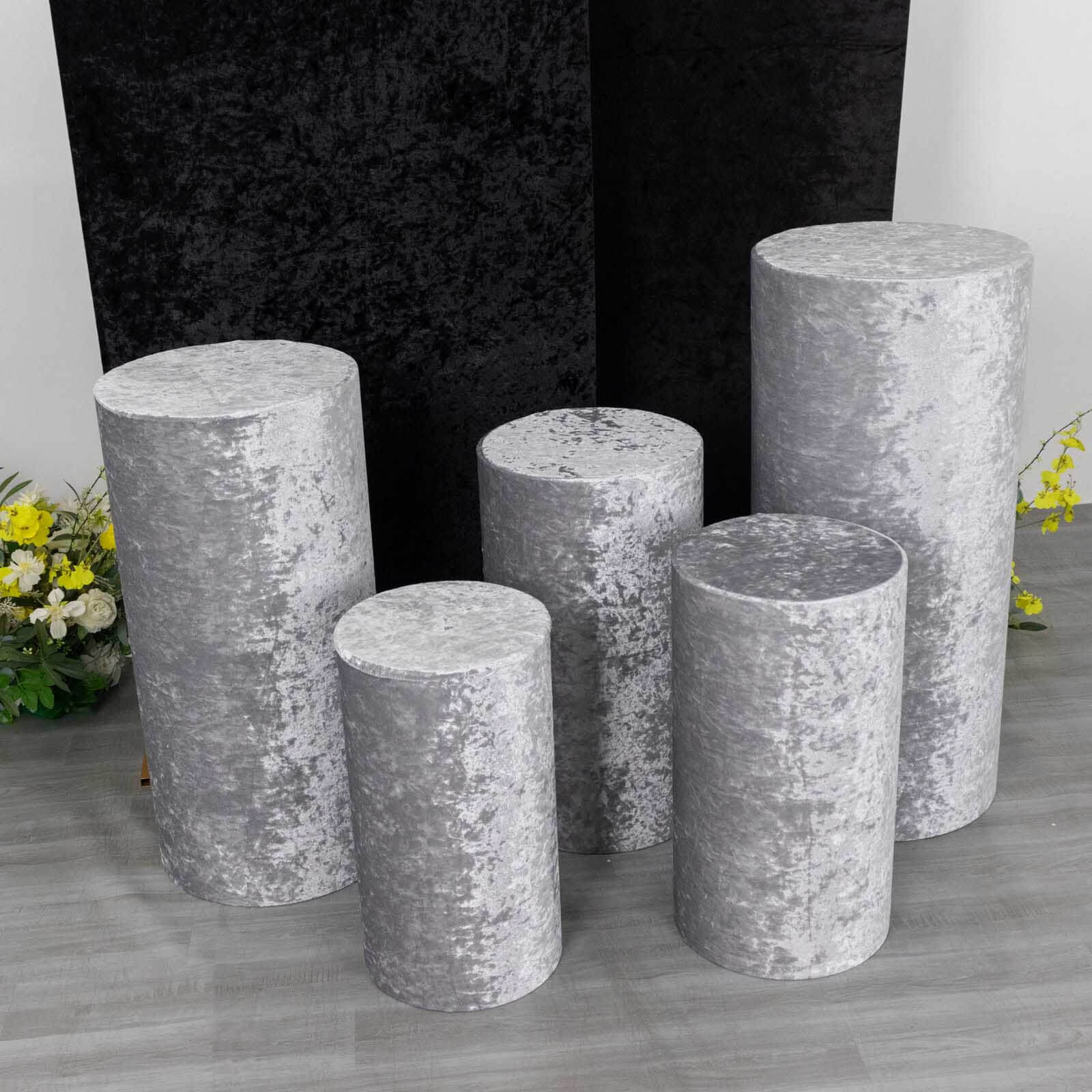 Set of 5 Silver Crushed Velvet Cylinder Pedestal Stand Covers, Premium Pillar Prop Covers