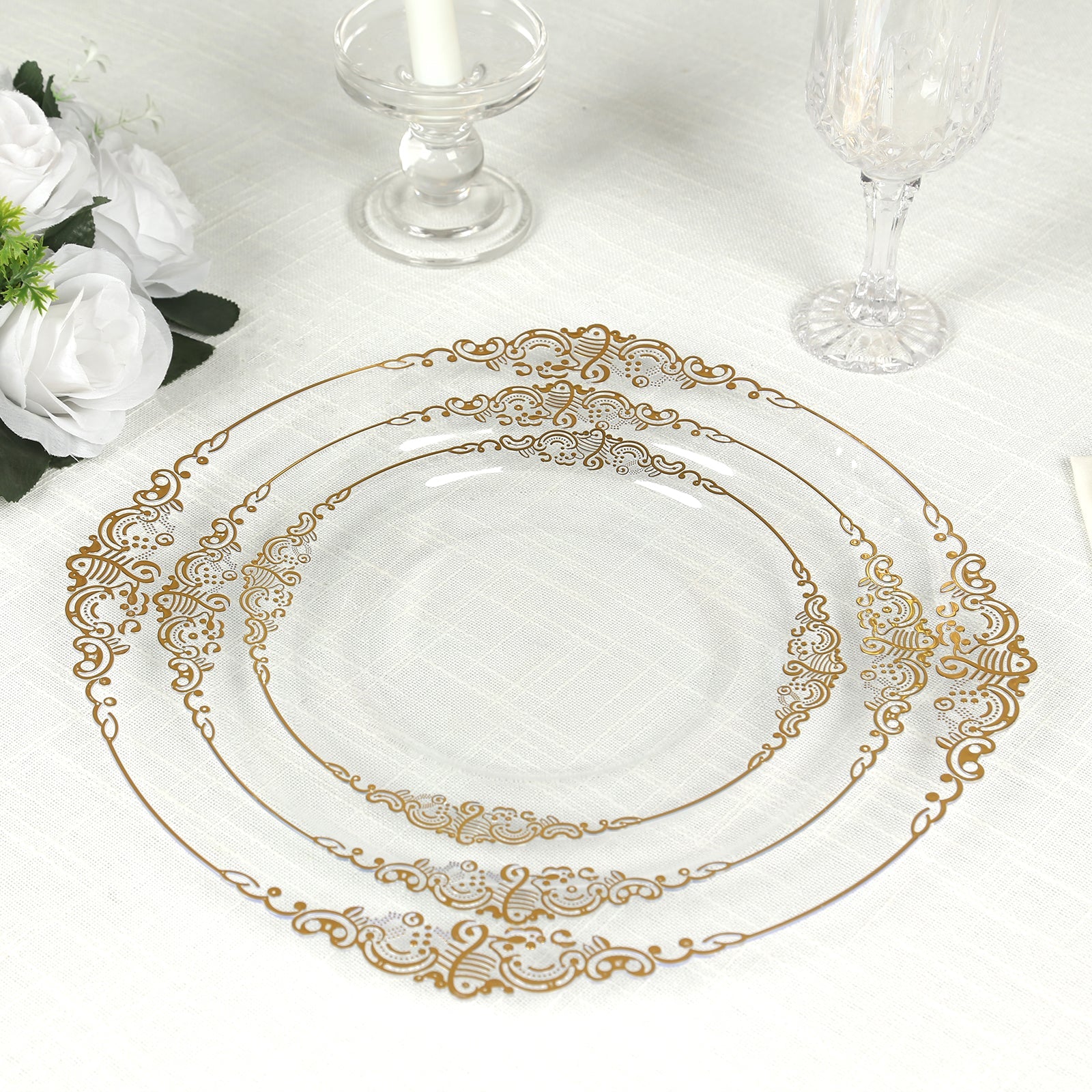 20-Pack Economy Plastic Round Charger Plates 13 in Clear with Gold Embossed Baroque Rim, Stylish Dinner Party Serving Plates