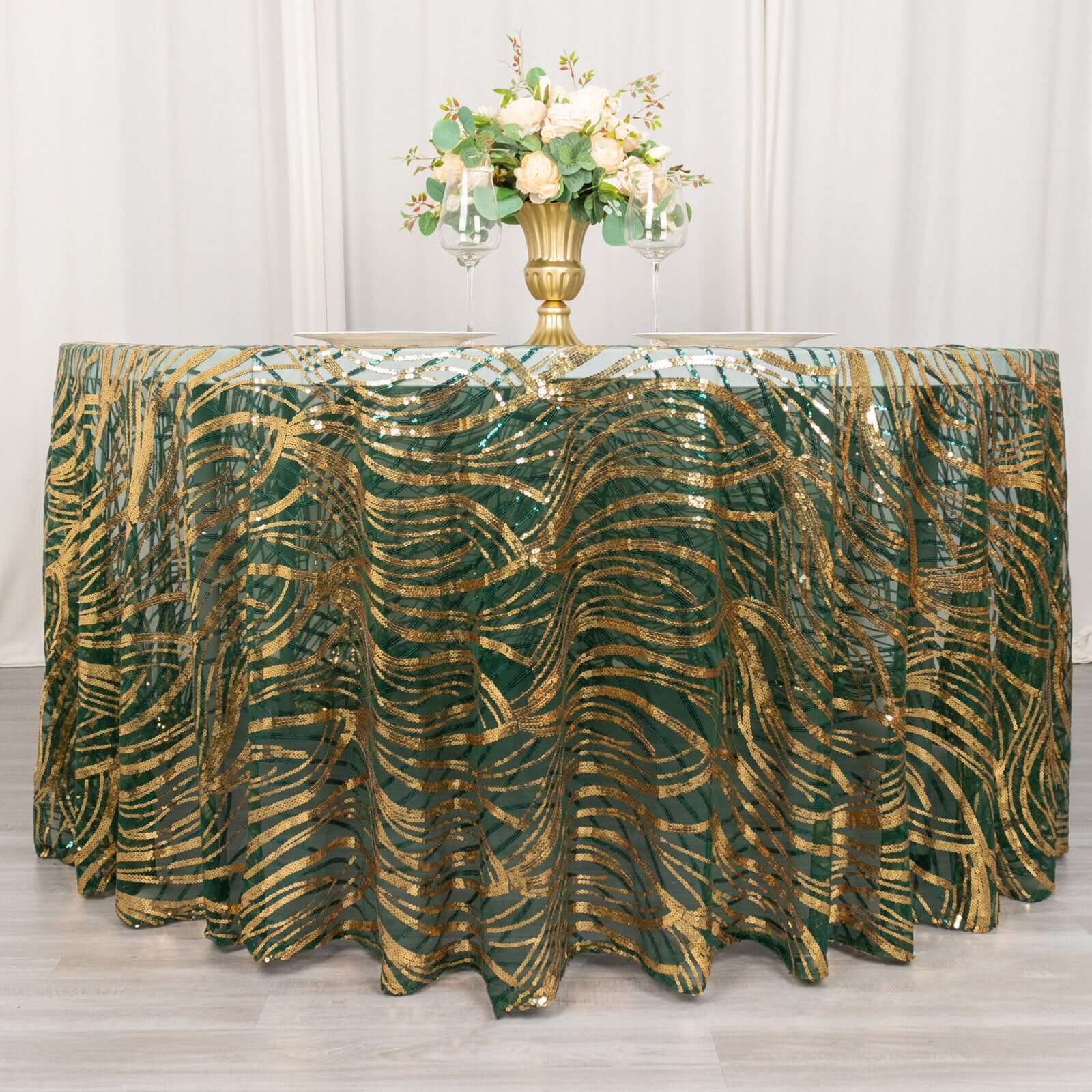 Sequin Mesh 120 Round Tablecloth Hunter Emerald Green/Gold - Seamless Wave Embroidered Table Cover