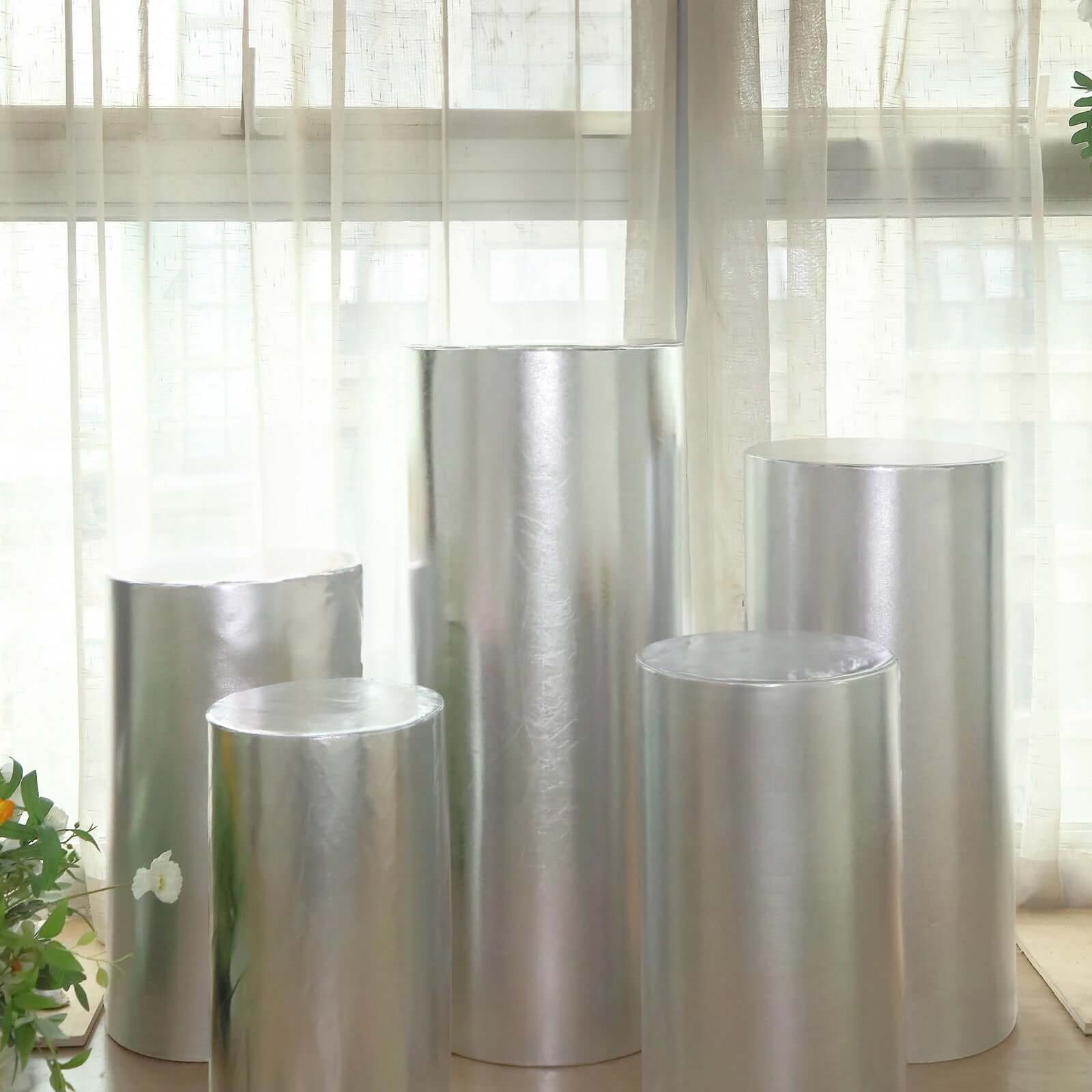 Set of 5 Metallic Silver Spandex Cylinder Pedestal Stand Covers, Shiny Stretchable Pillar Prop Covers - 130 GSM