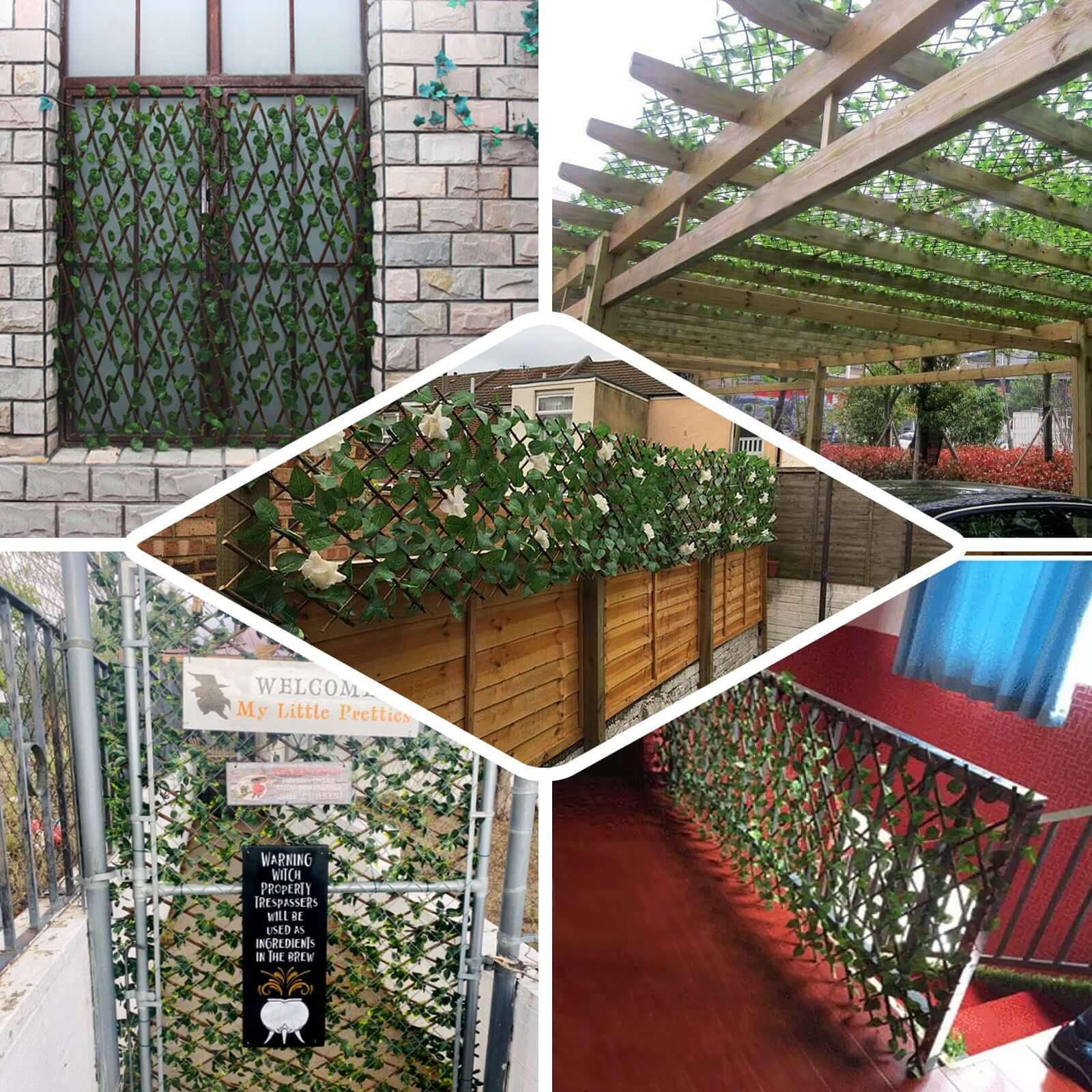 17x95 Expandable Wooden Lattice Fence With Artificial Ivy Leaf Trellis Vines, Accordion Backdrop Fencing