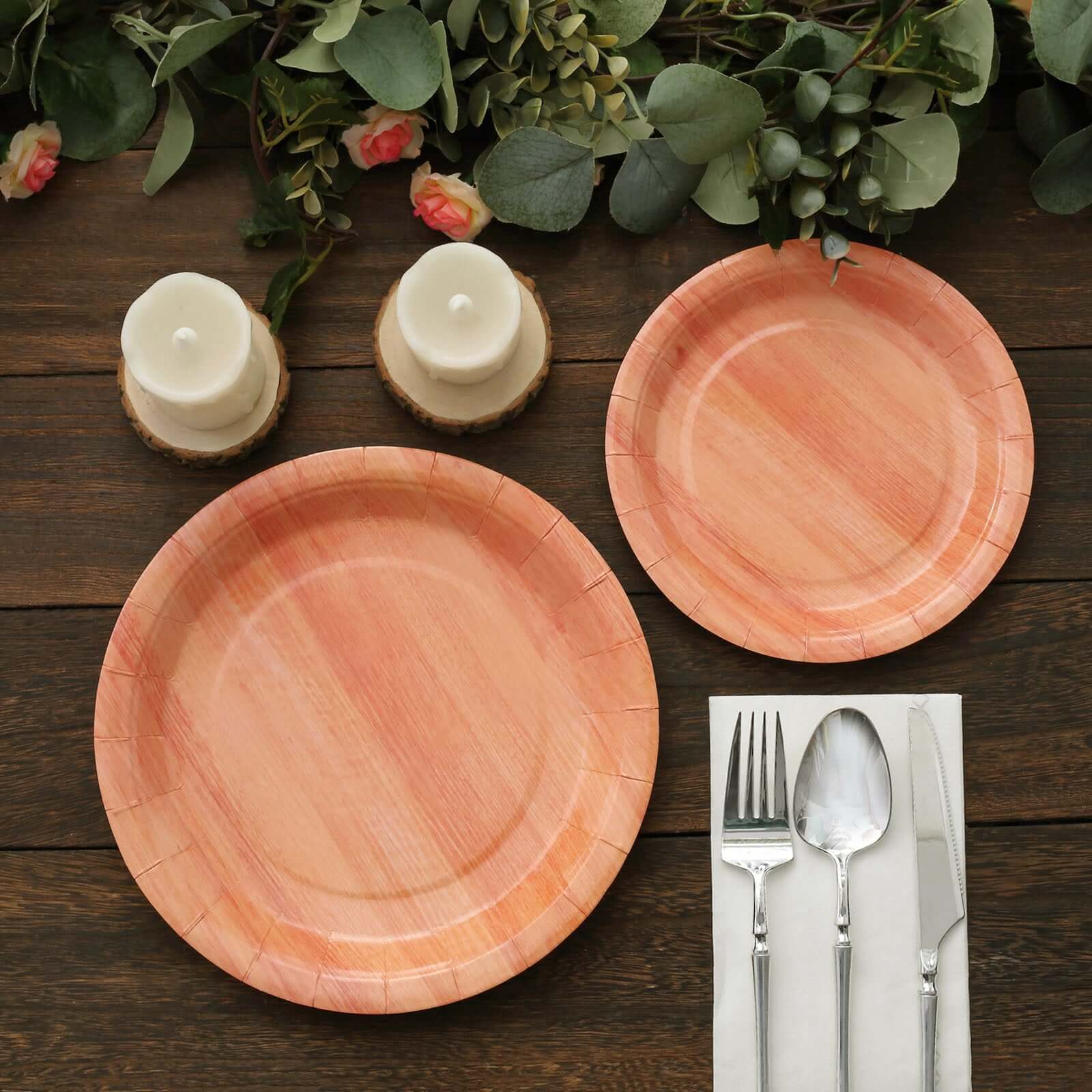 25-Pack Paper 10 Round Dinner Plates Natural Wood Grain Print - Rustic & Nature-Inspired Disposable Party Plates