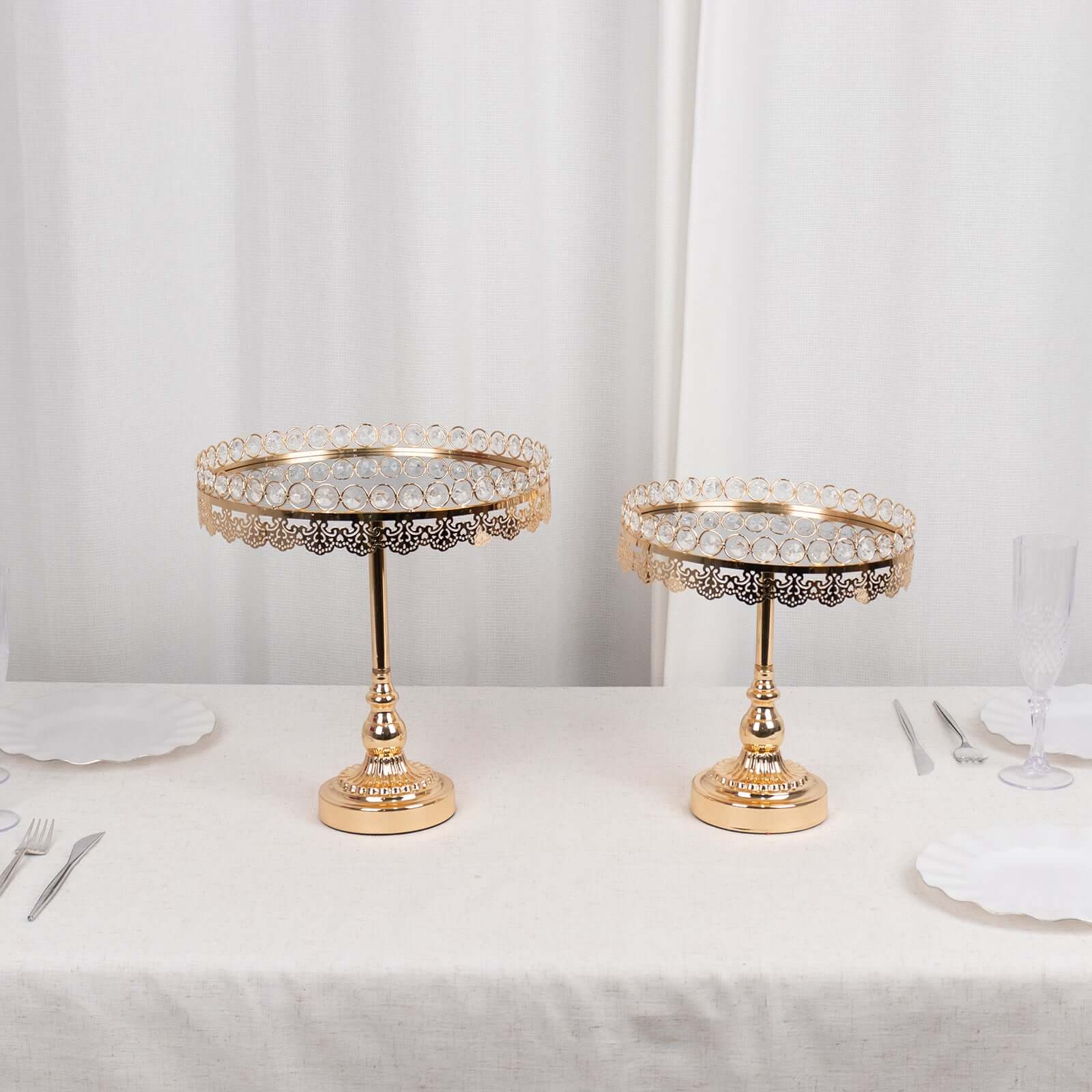 Set of 2 Pedestal Cake Stands Round Design with Mirror Top Gold - Crystal Beaded Cupcake Dessert Display Metal 11, 13