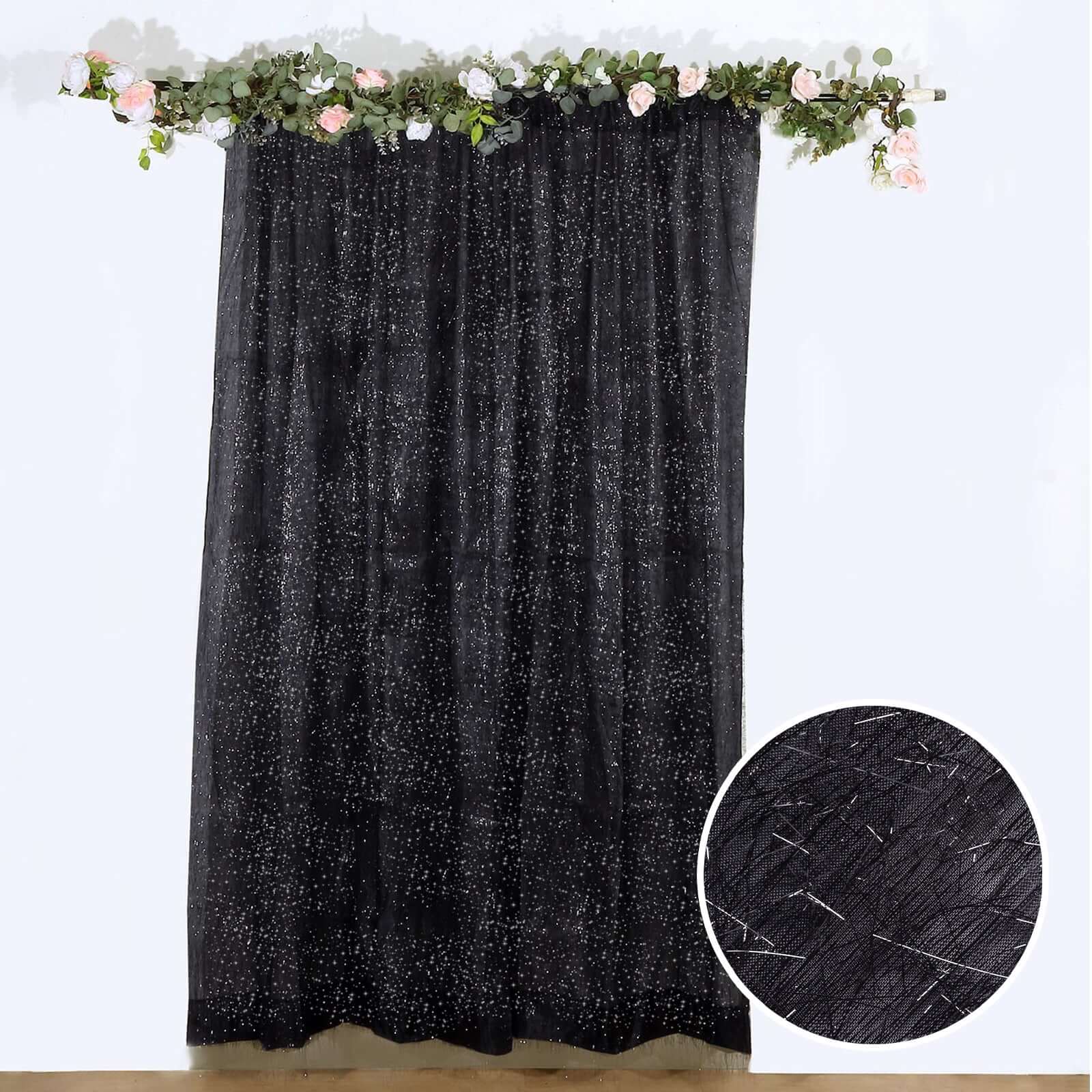 8ft Black Metallic Fringe Shag Event Drapery Panel, Shimmery Tinsel Polyester Divider Backdrop Curtain