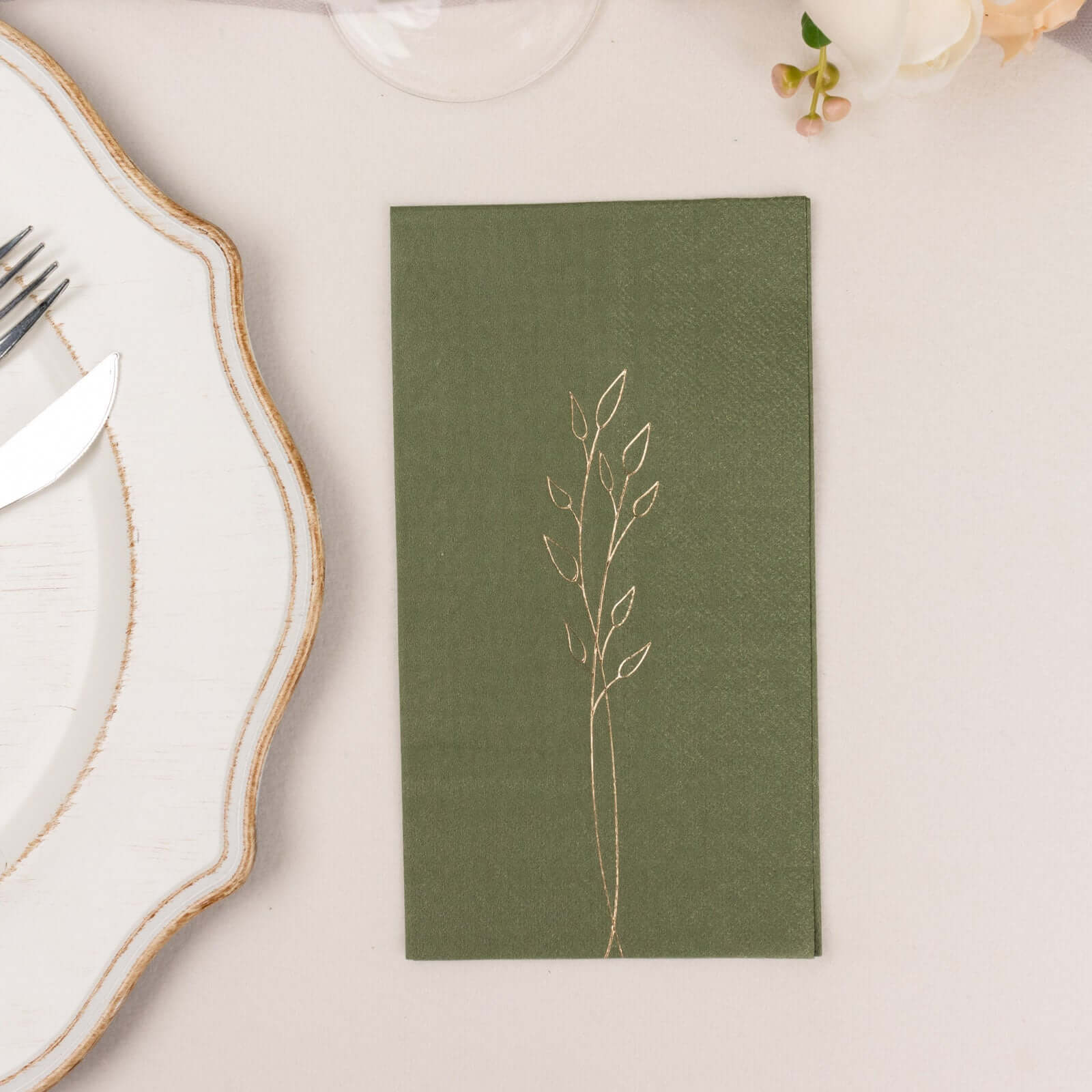 50-Pack Paper Dinner Napkins Olive Green with Gold Embossed Leaf - Stylish 2-Ply Disposable Napkins for Weddings 18GSM