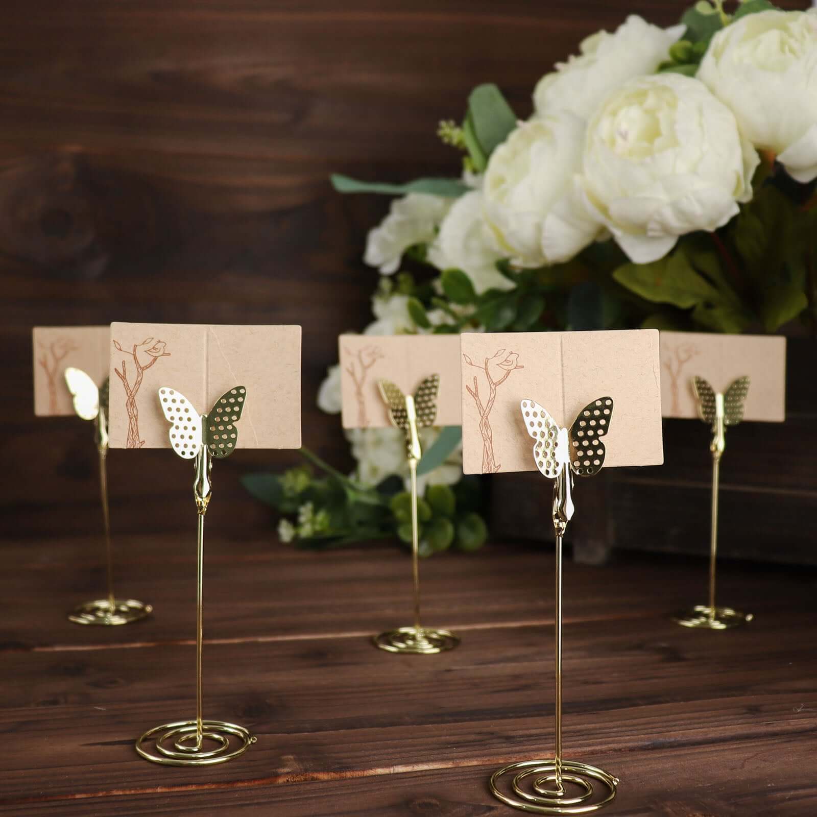 5-Pack Metal Place Card Holders Gold - Modern Table Number Stands with Whimsical Butterfly Clips & Spiral Base for Signs Memos Photos Menus 5