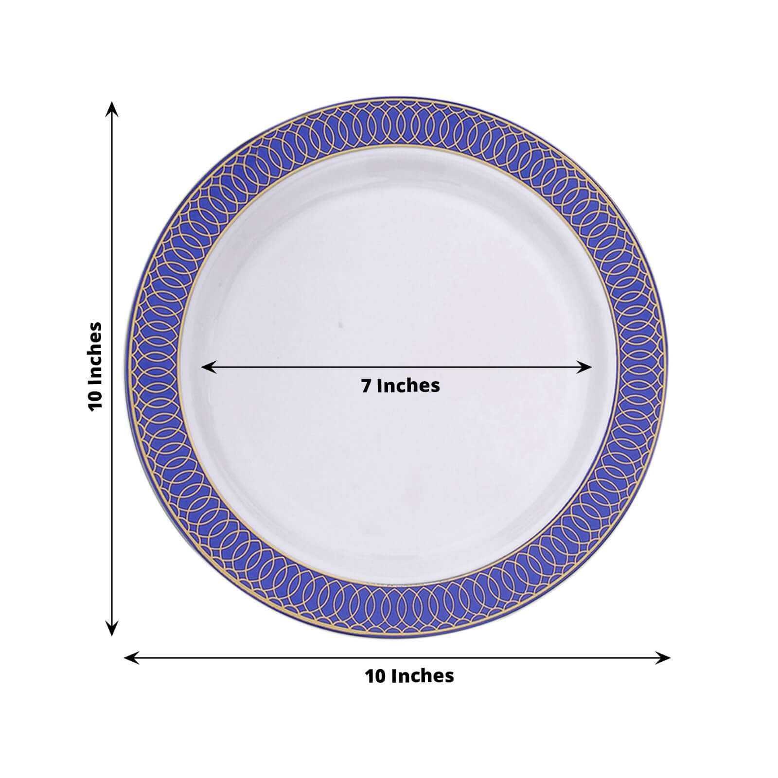 10-Pack Plastic Round Dinner Plates 10 White with Navy Blue Gold Spiral Rim - Chic Disposable Party Plates