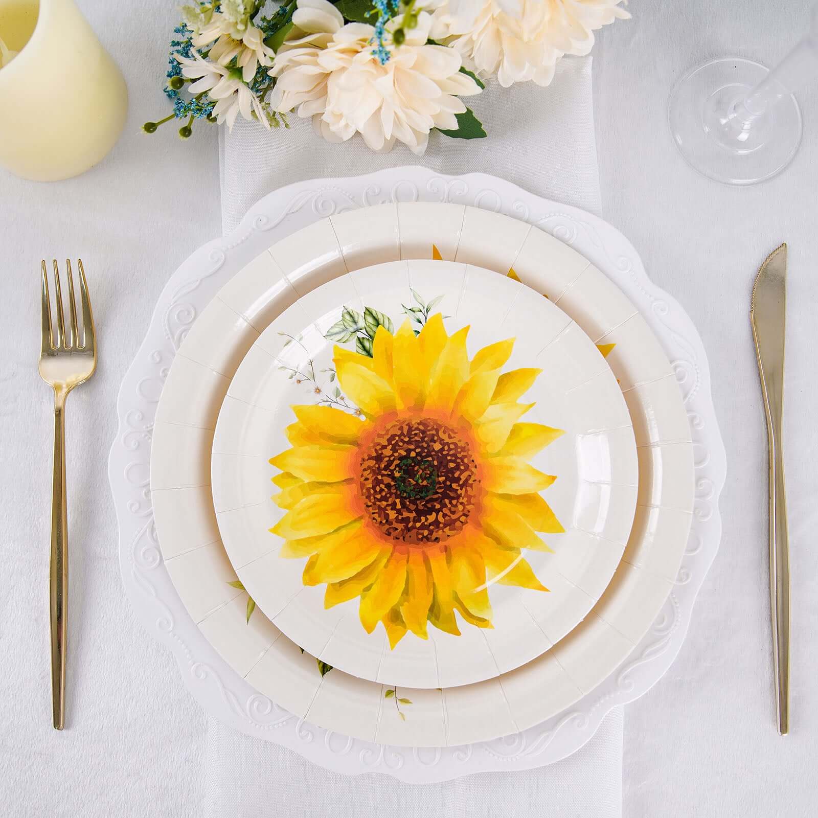 25-Pack Paper 7 Round Dessert Plates White with Sunflower Design - Disposable Salad Plates for Rustic Events & Garden Themes