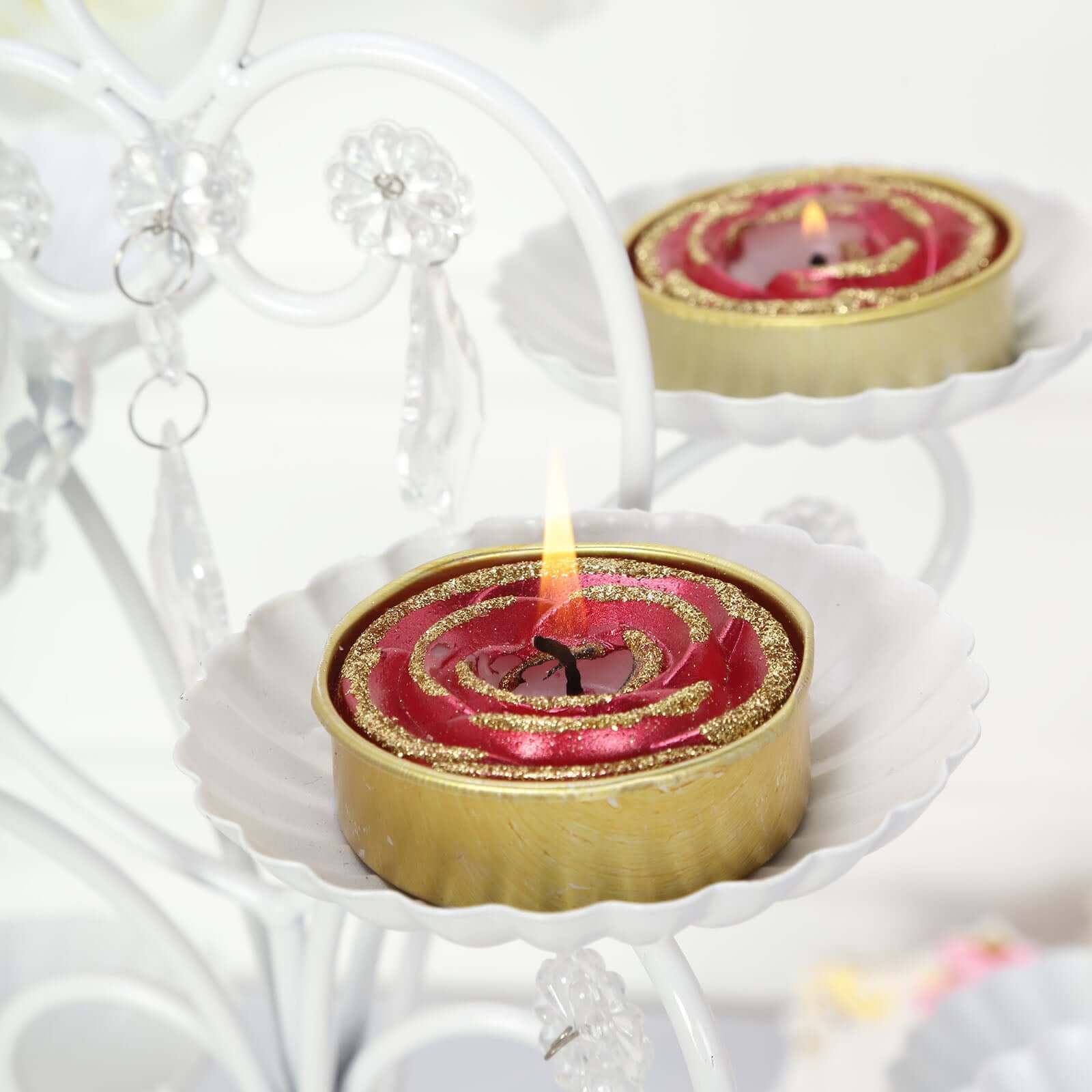 2-Pack Tealight Candles Red/Gold Glitter Rose Design - Unscented Dripless Wax for Romantic Decor