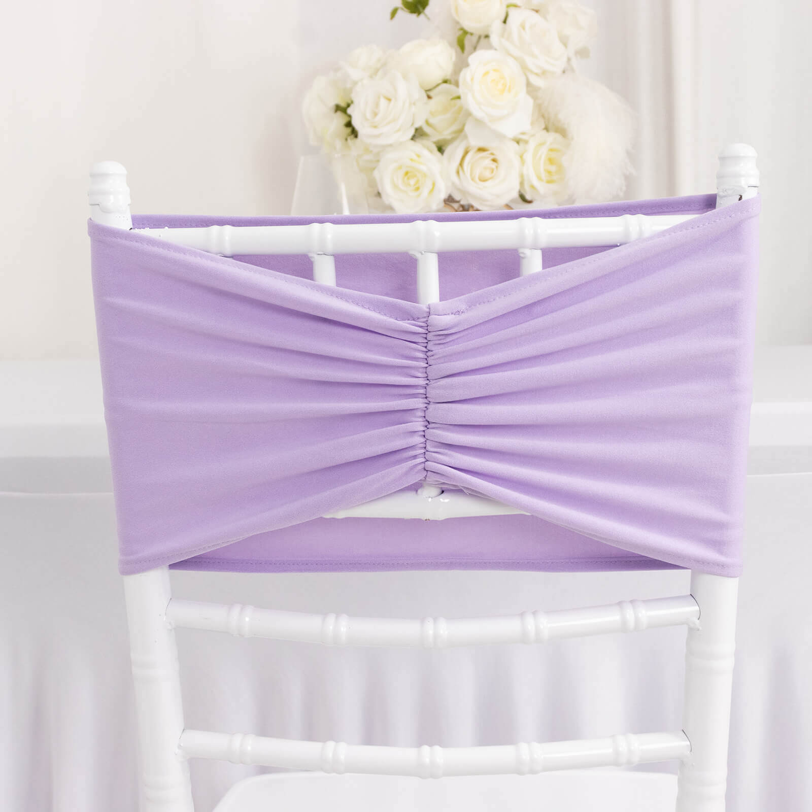 5 Pack Spandex Chair Sashes Lavender Lilac Ruffled Style - Wide Easy to Use Stretch Chair Bands 8x13