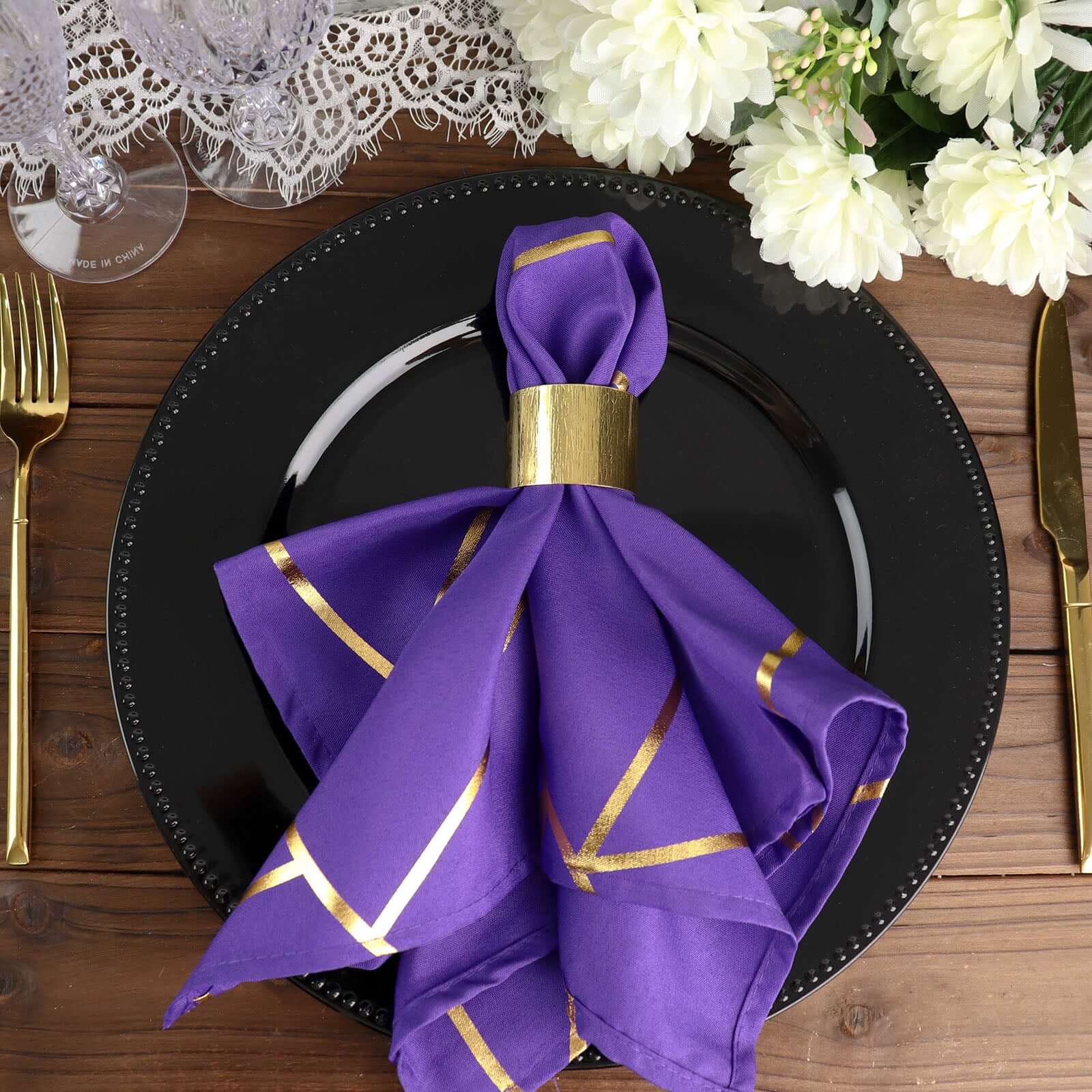 5 Pack Polyester 20x20 Napkins Purple with Gold Geometric Foil Pattern - Modern Reusable Dinner Napkins