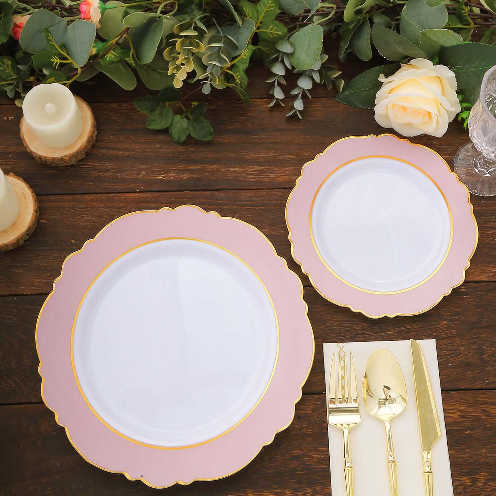 10-Pack Plastic 8 Round Dessert Plates in White with Blush Blossom Design & Gold Edging - Disposable Salad Appetizer Plates