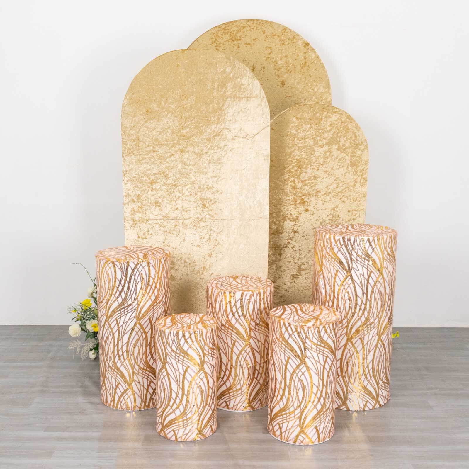 Set of 5 Rose Gold Wave Mesh Cylinder Pedestal Stand Covers with Embroidered Sequins, Pillar Prop Covers - 160 GSM