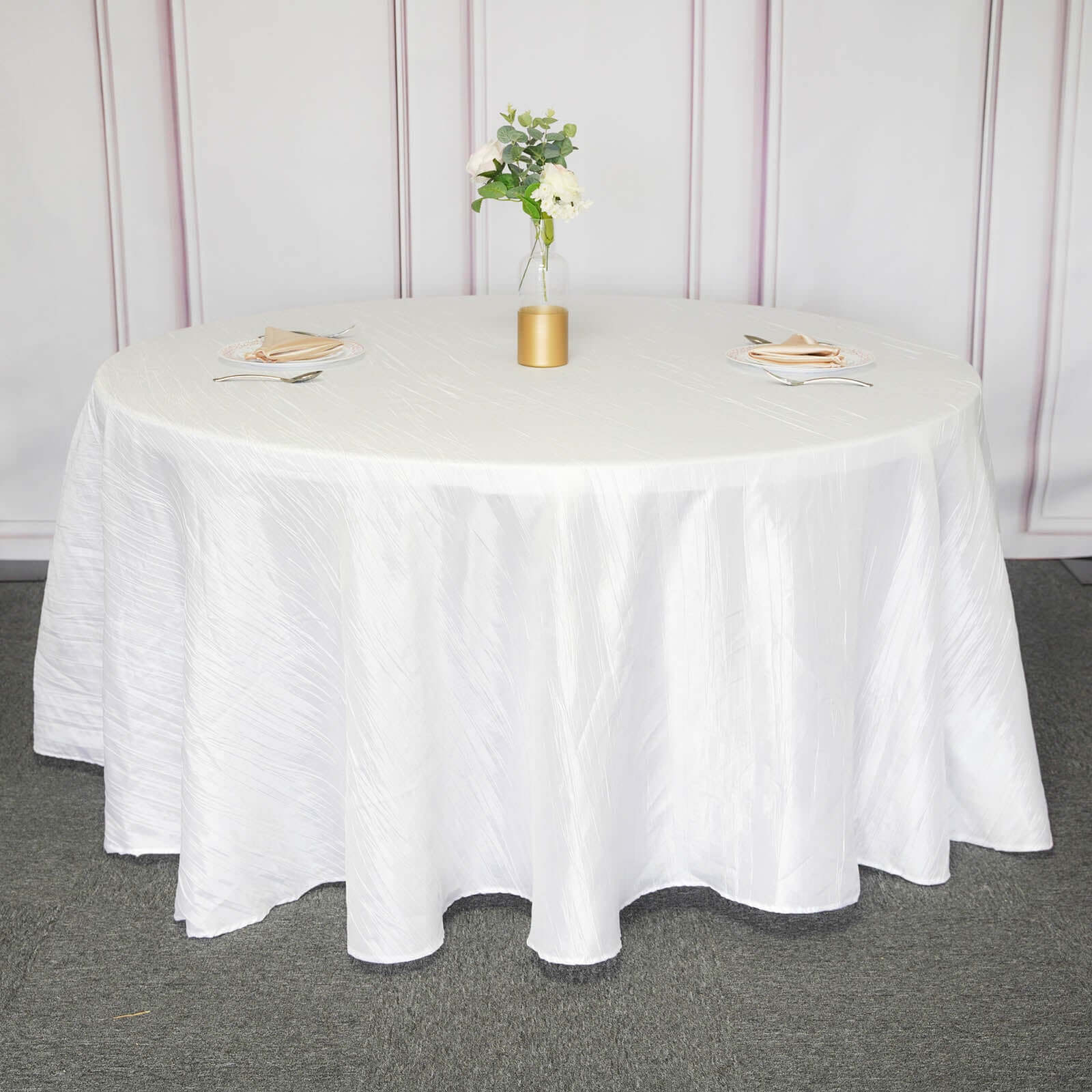 Taffeta 120 Round Tablecloth White - Seamless Accordion Crinkle Design for Stylish Occasions