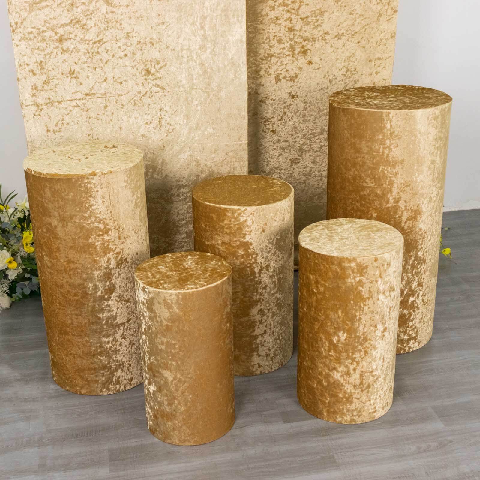 Set of 5 Champagne Crushed Velvet Cylinder Pedestal Stand Covers, Premium Pillar Prop Covers