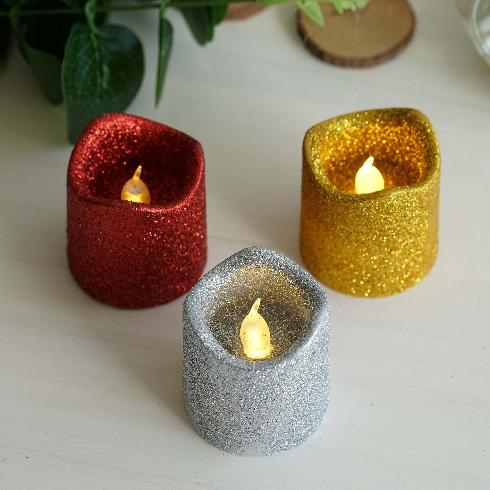 12-Pack LED Votive Candles Glittered Gold Design - Reusable Flameless Battery Operated Lights