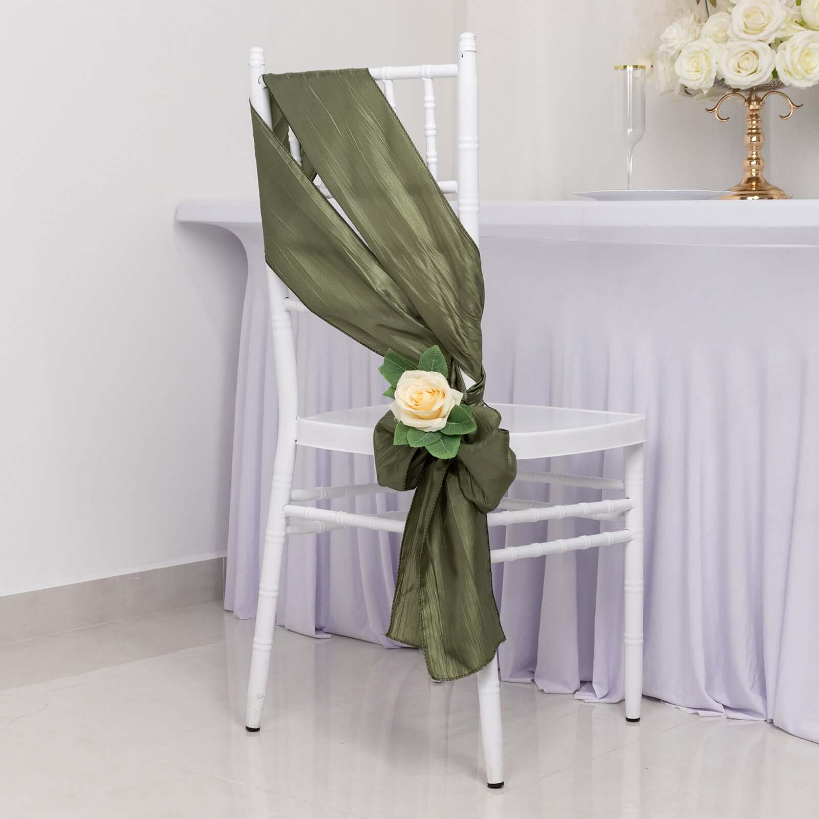 5 Pack Taffeta 6x106 Chair Sashes Dusty Sage Green Accordion Crinkle Texture - Stylish Decor for Weddings & Gatherings