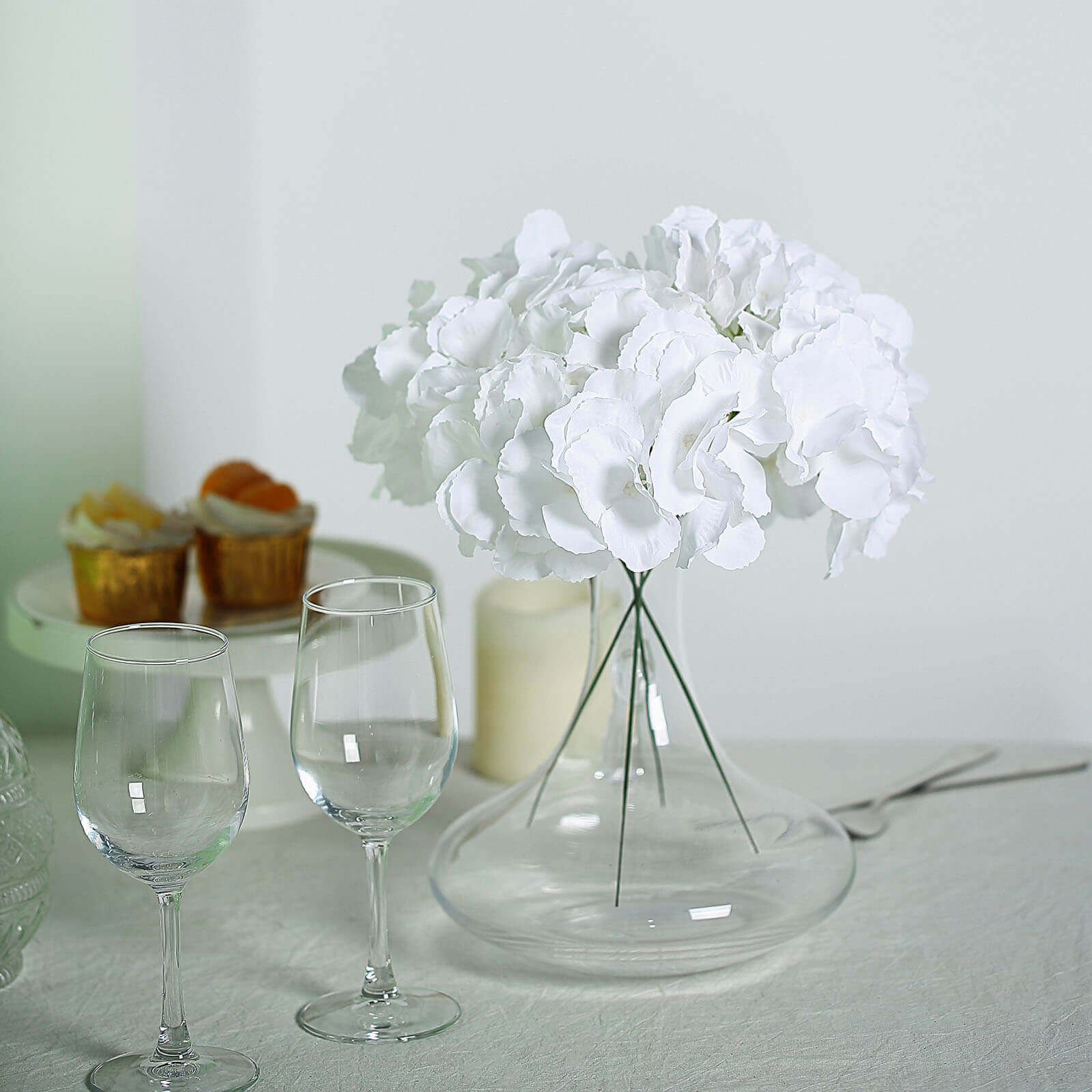 10 Flower Head and Stems White Artificial Satin Hydrangeas, DIY Arrangement