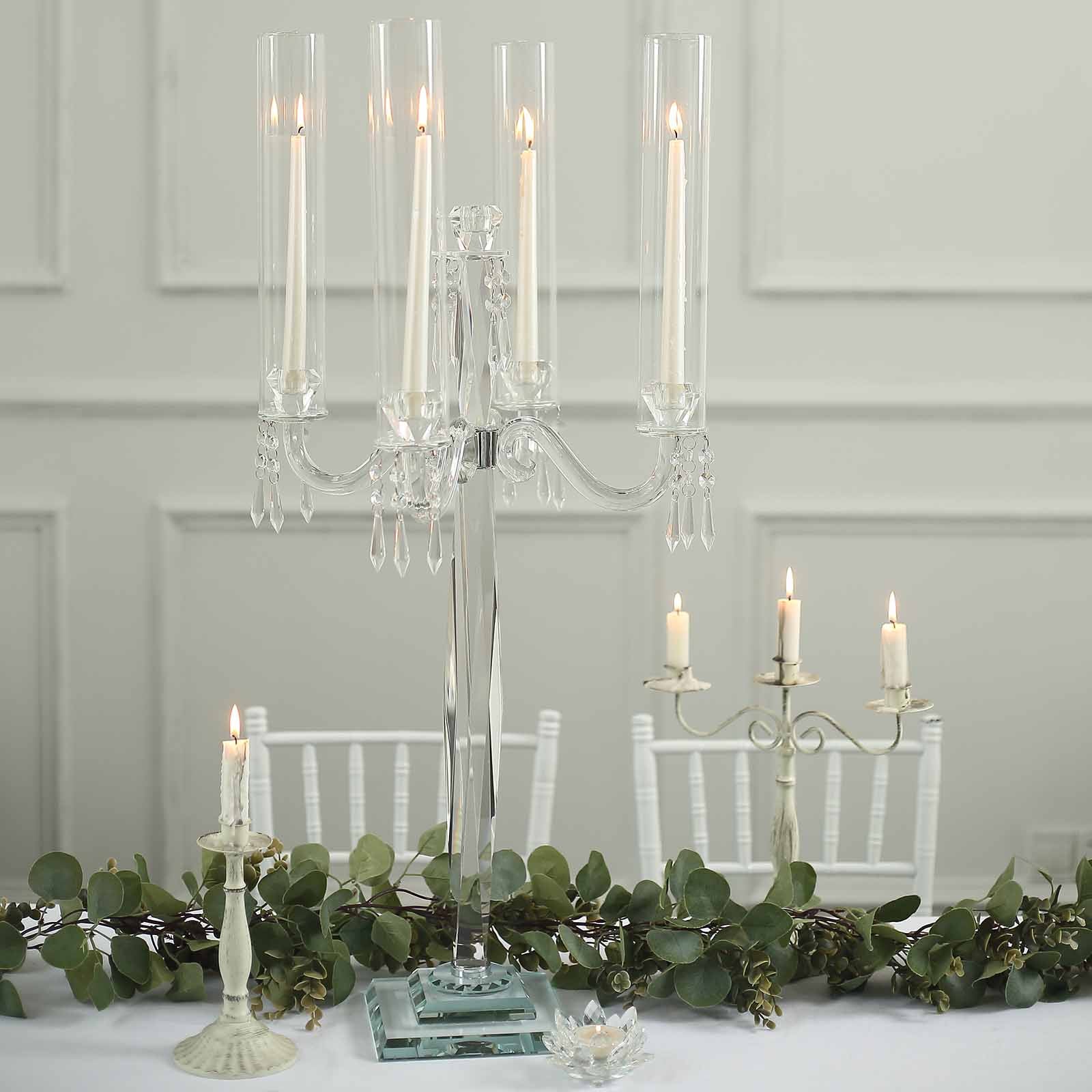 4 Arm Crystal Glass Taper Candle Holder Candelabra, Decorative Table Centerpiece With Chandelier Chains 36