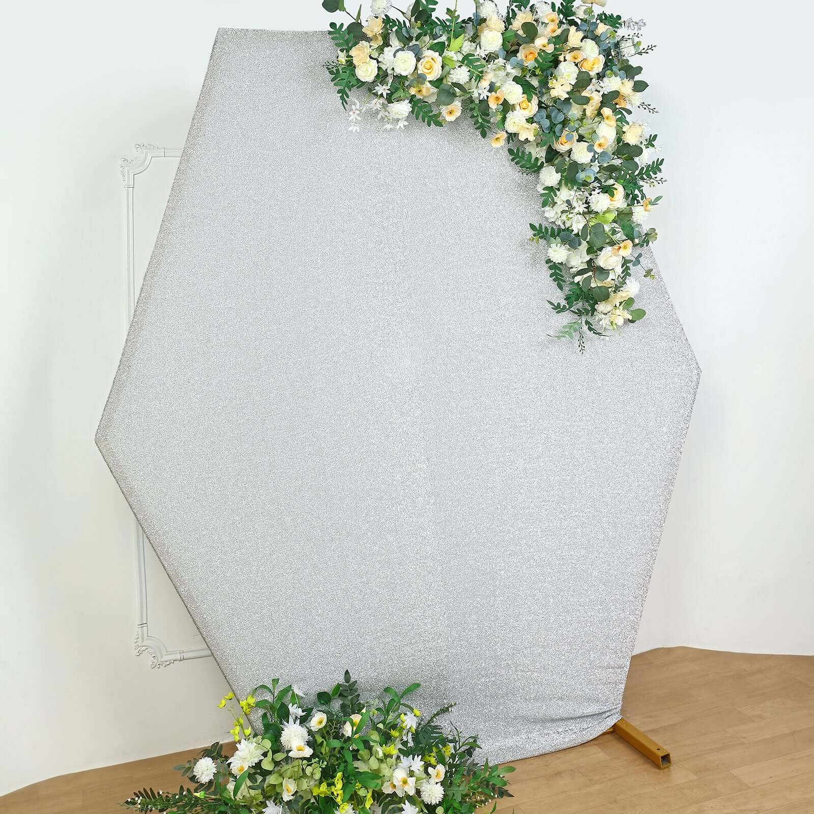 8ftx7ft Silver Metallic Shimmer Tinsel Spandex Hexagon Wedding Arbor Cover, 2-Sided Backdrop