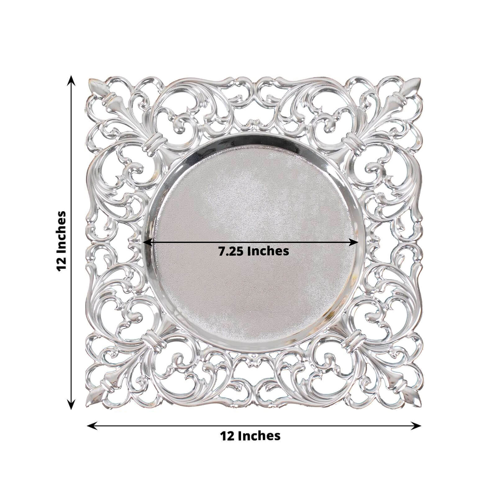 6-Pack Acrylic Square Charger Plates 12 in Silver with Hollow Lace Border, Event Tabletop Decorative Charger Tableware