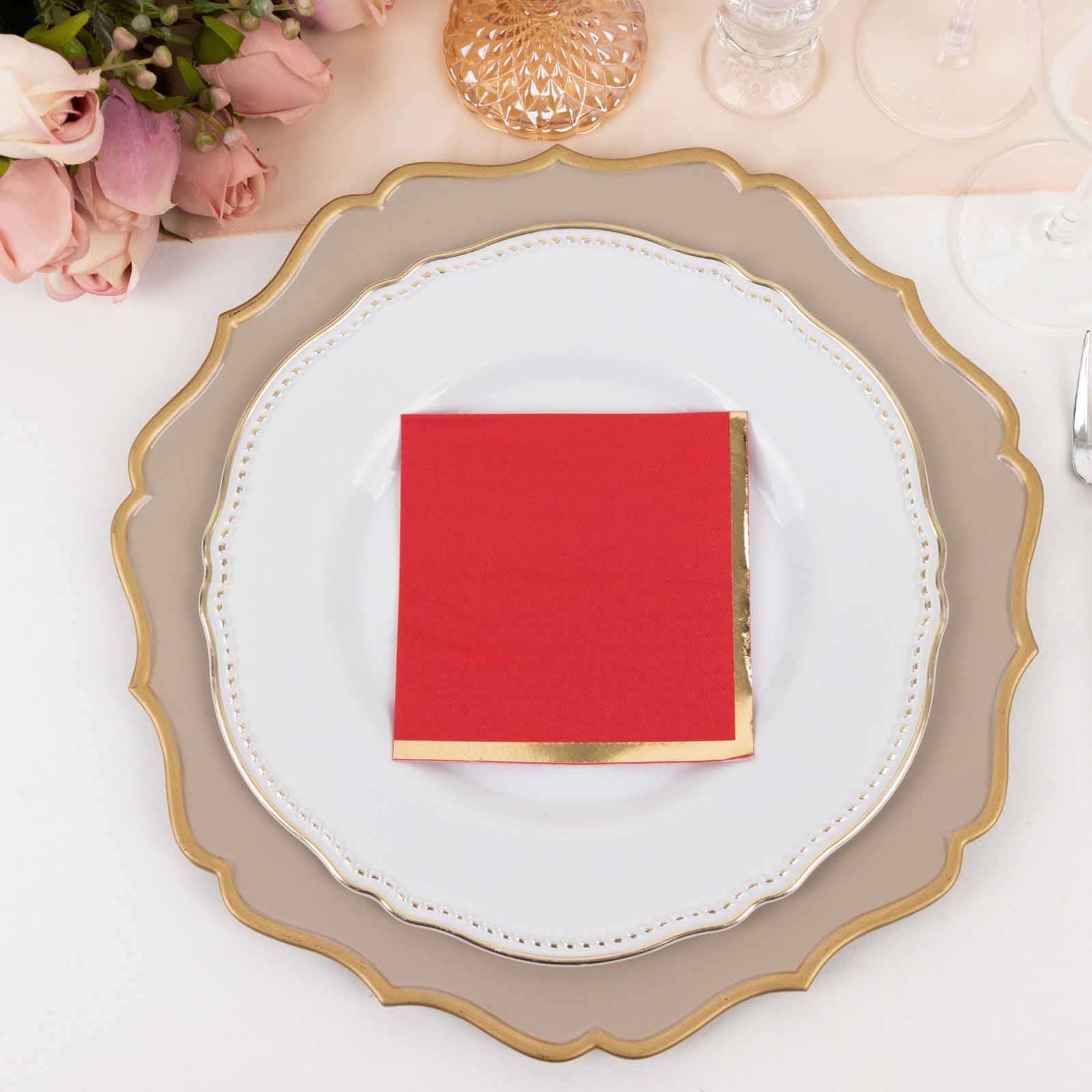 50-Pack Paper Beverage Napkins Red with Gold Foil Edge - 2 Ply Disposable Soft 18GSM Cocktail Napkins 5x5